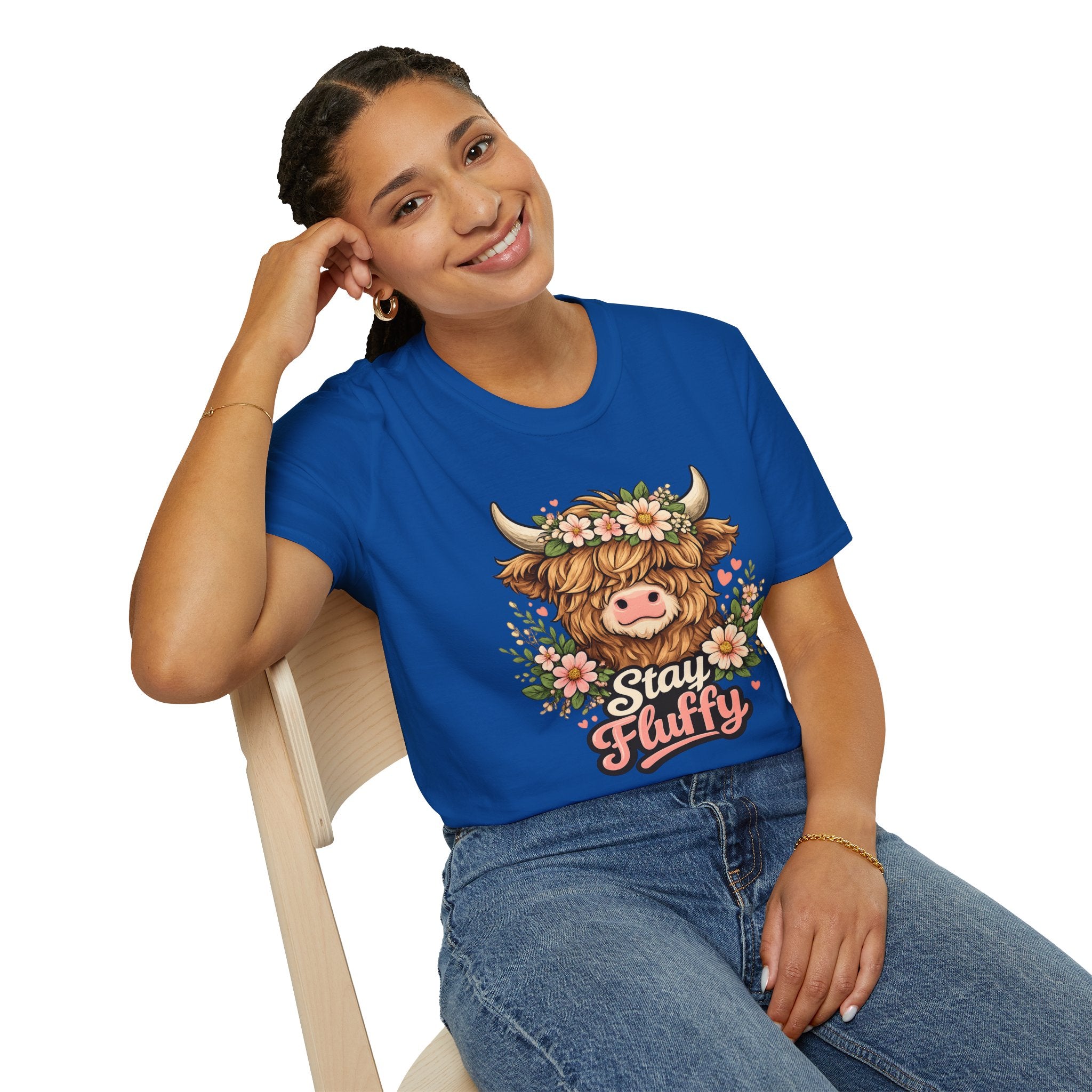 Highland Cow "Stay Fluffy" T-Shirt — Floral Highland Cattle Graphic Tee