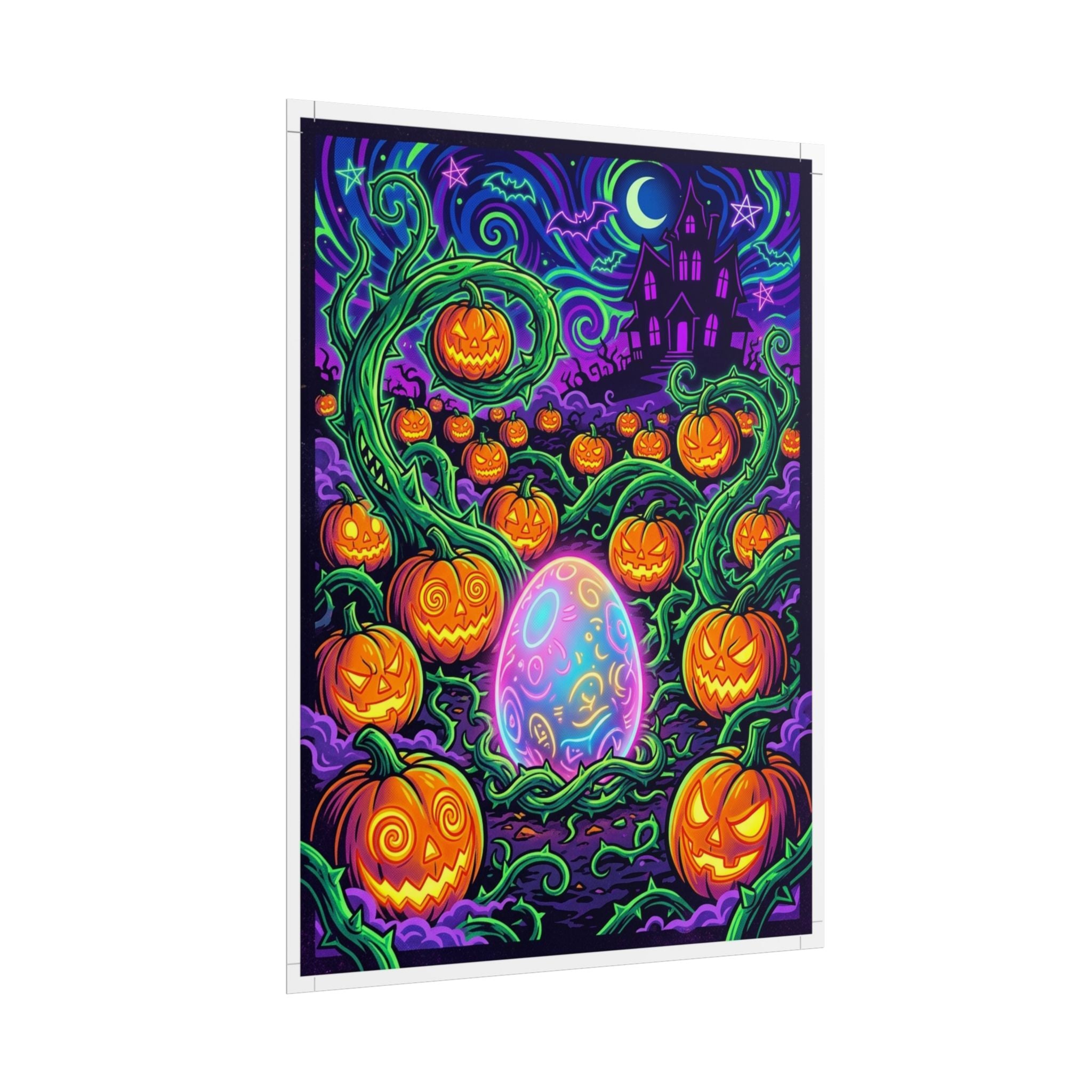 Halloween Pumpkin Patch Poster – Neon Pop Art Jack-o'-Lanterns & Haunted Castle Art Print