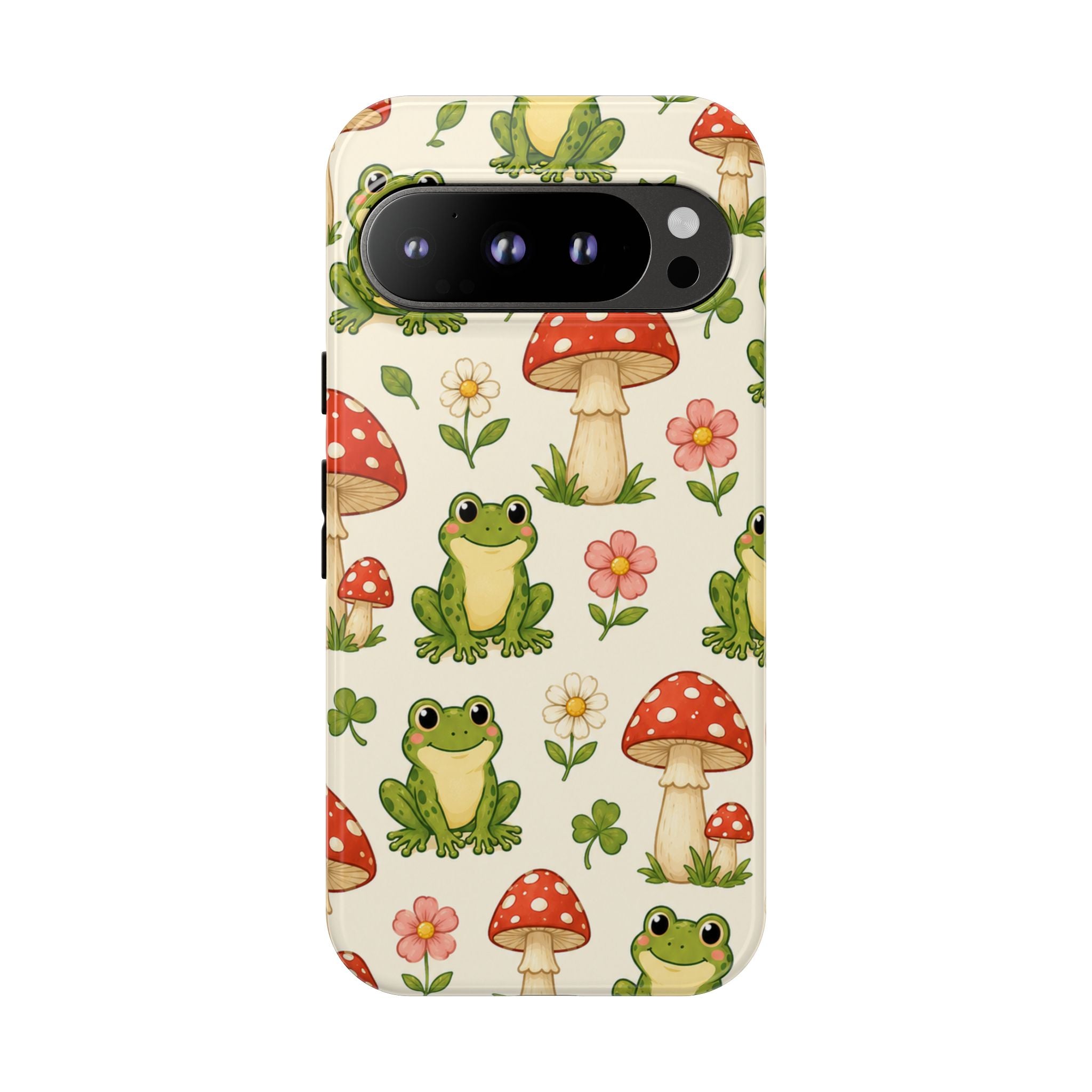 Kawaii Frog & Red Capped Mushroom Phone Case – Cute Nature Pattern Protective Cover