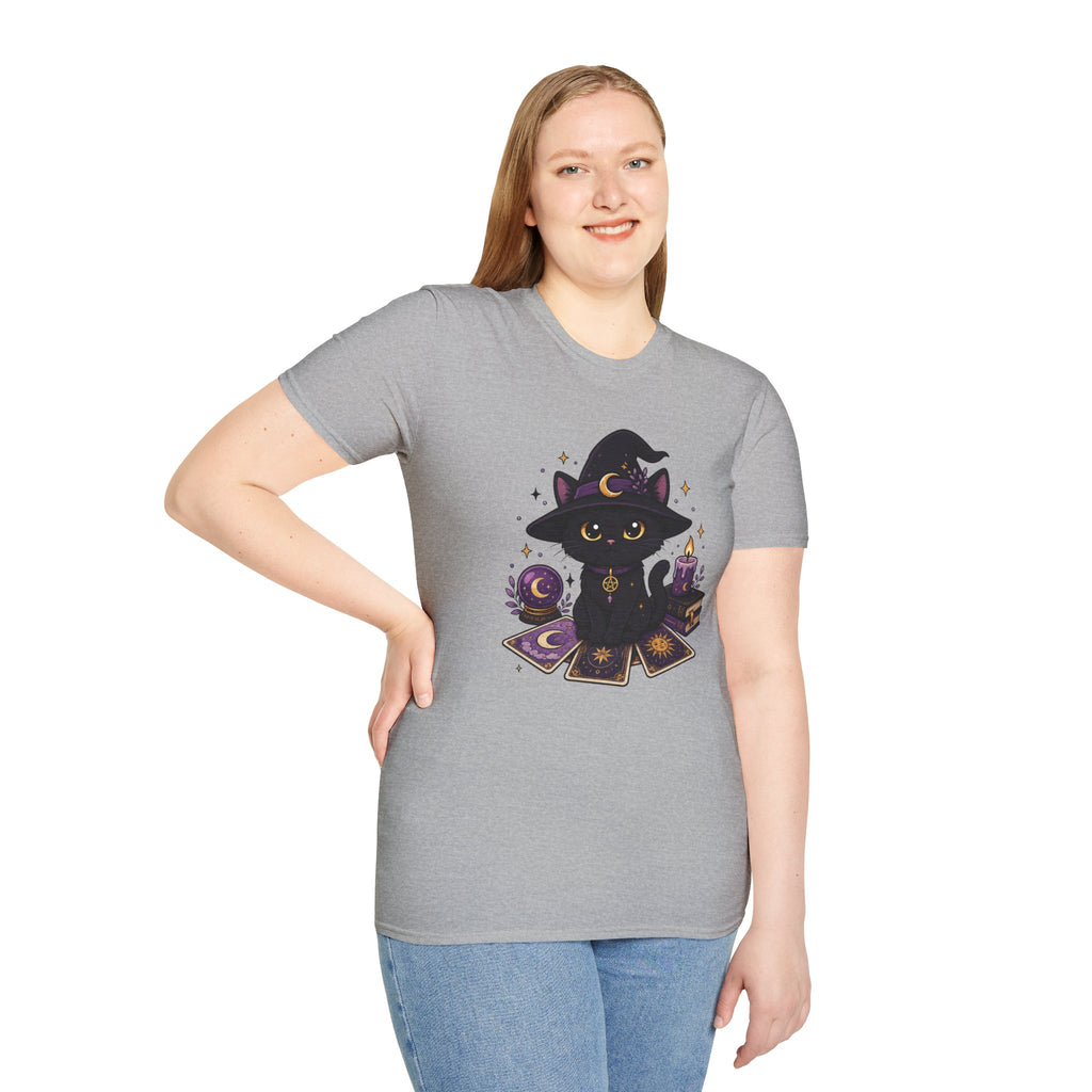 Tarot Cat T-Shirt — Cute Black Cat with Witch Hat & Tarot Candles
