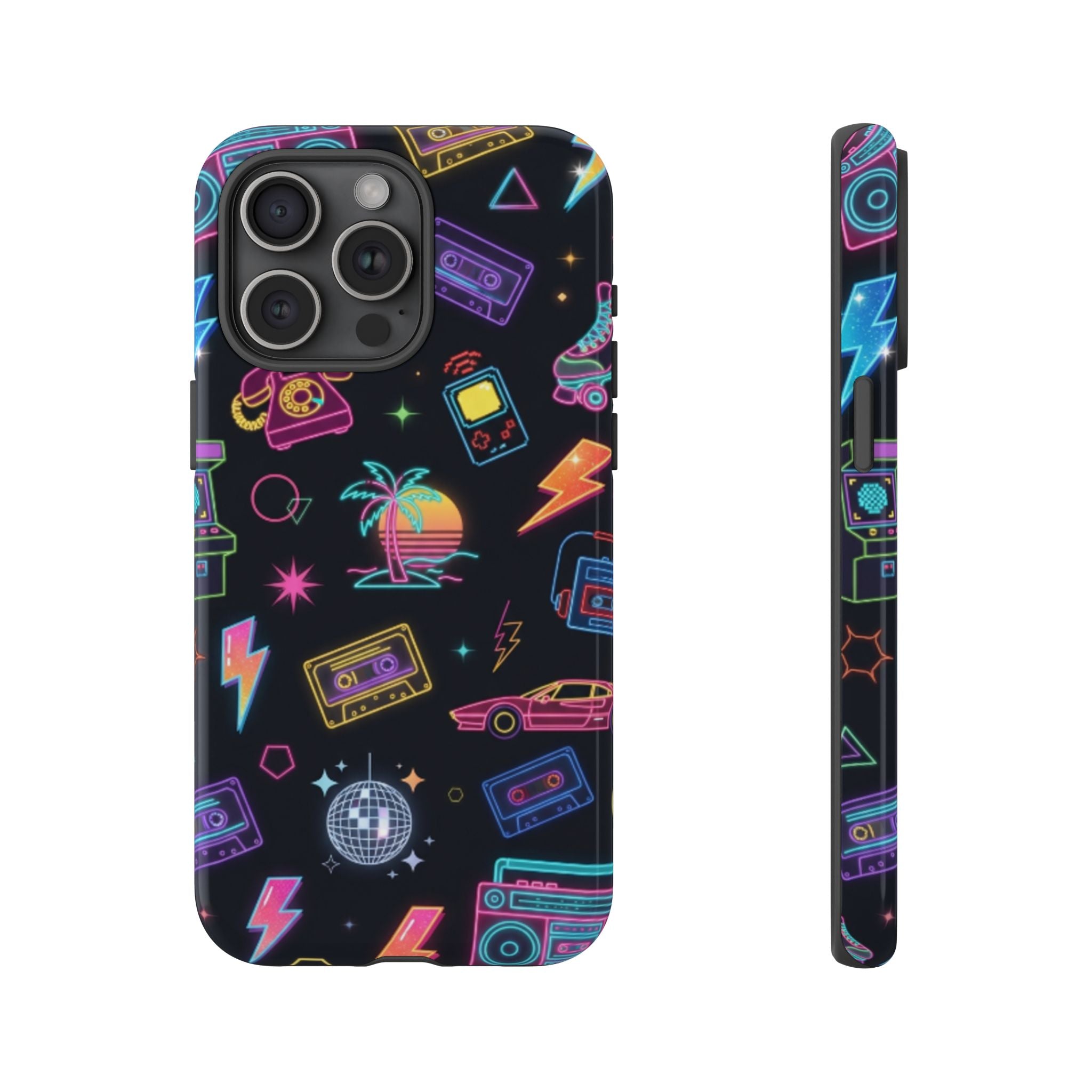 Retro Neon 80s Phone Case — Cassette, Roller Skate & Palm Tree Pattern