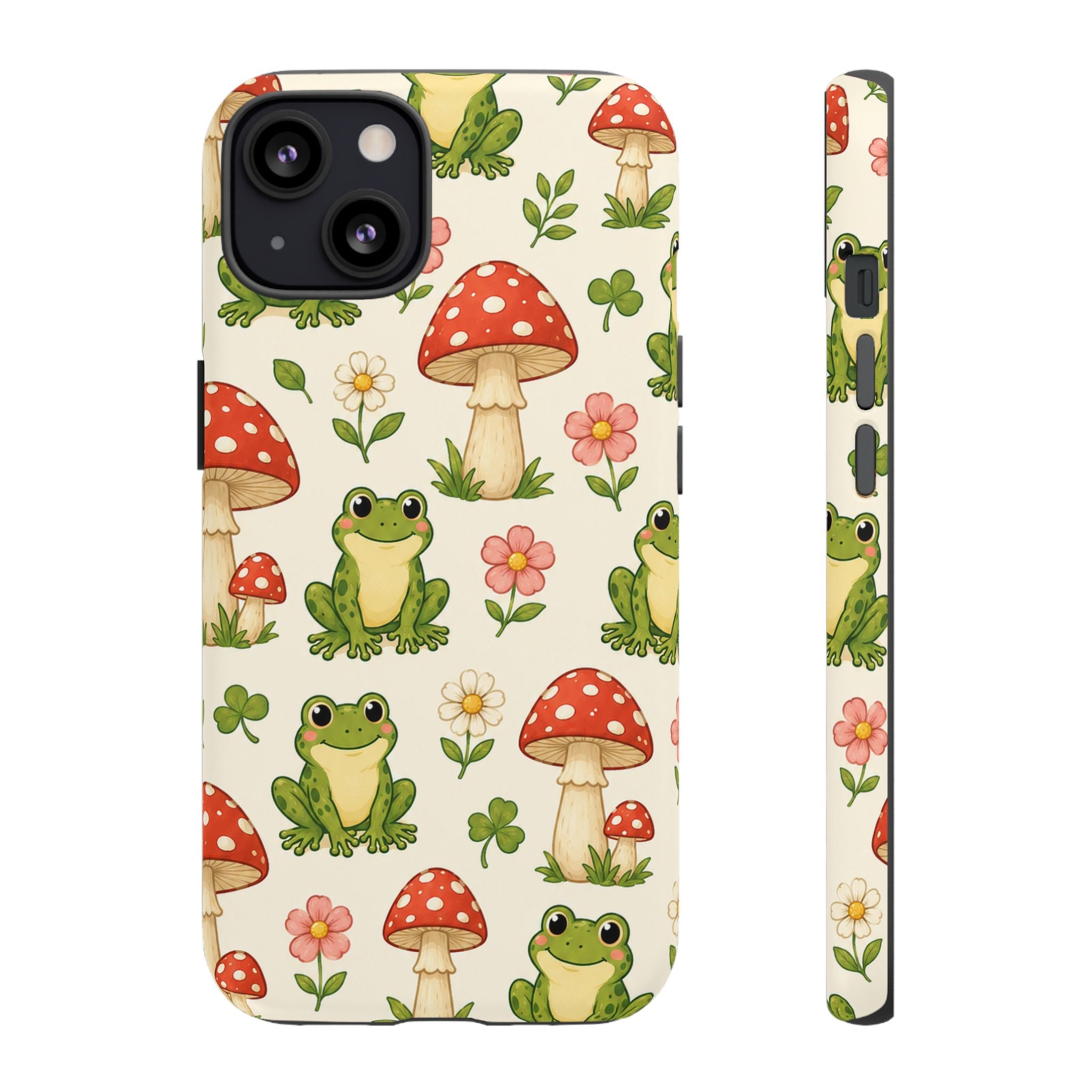 Kawaii Frog & Red Capped Mushroom Phone Case – Cute Nature Pattern Protective Cover