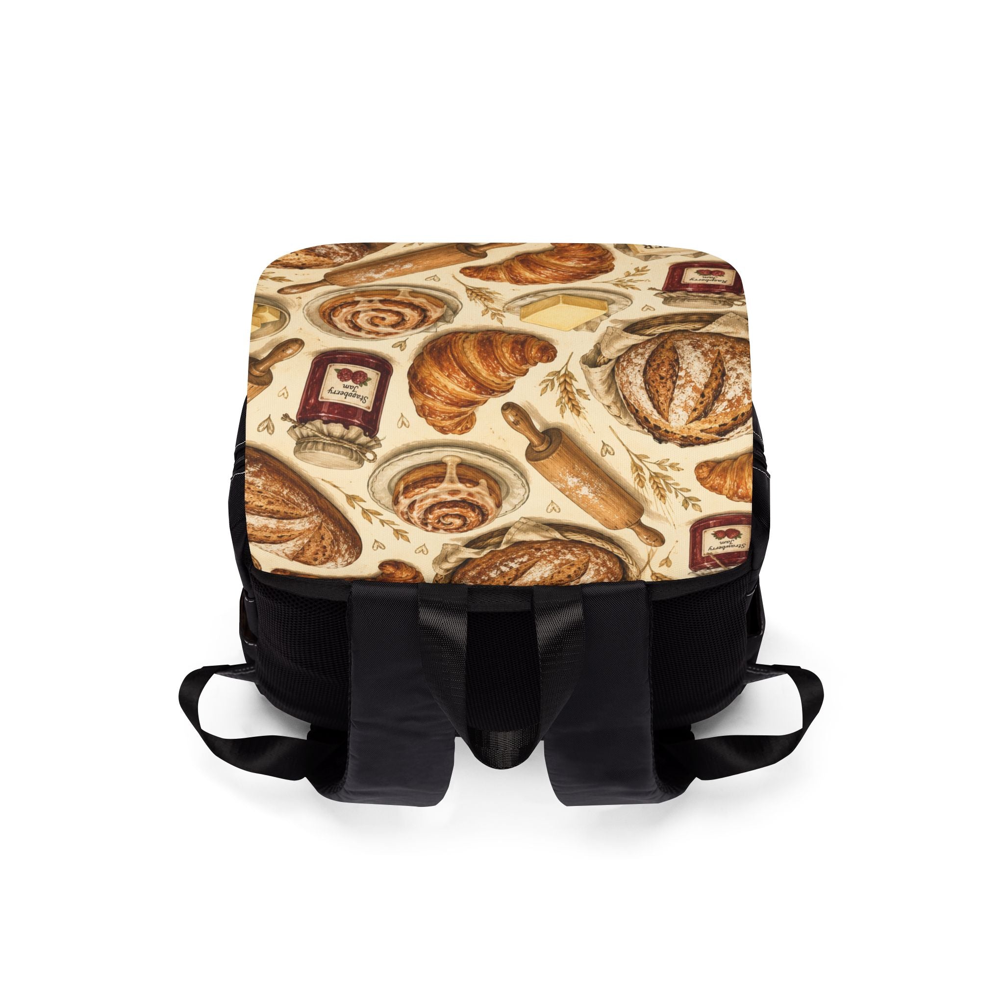 Bakery Pattern Shoulder Backpack — Pastries, Croissants & Jam Print