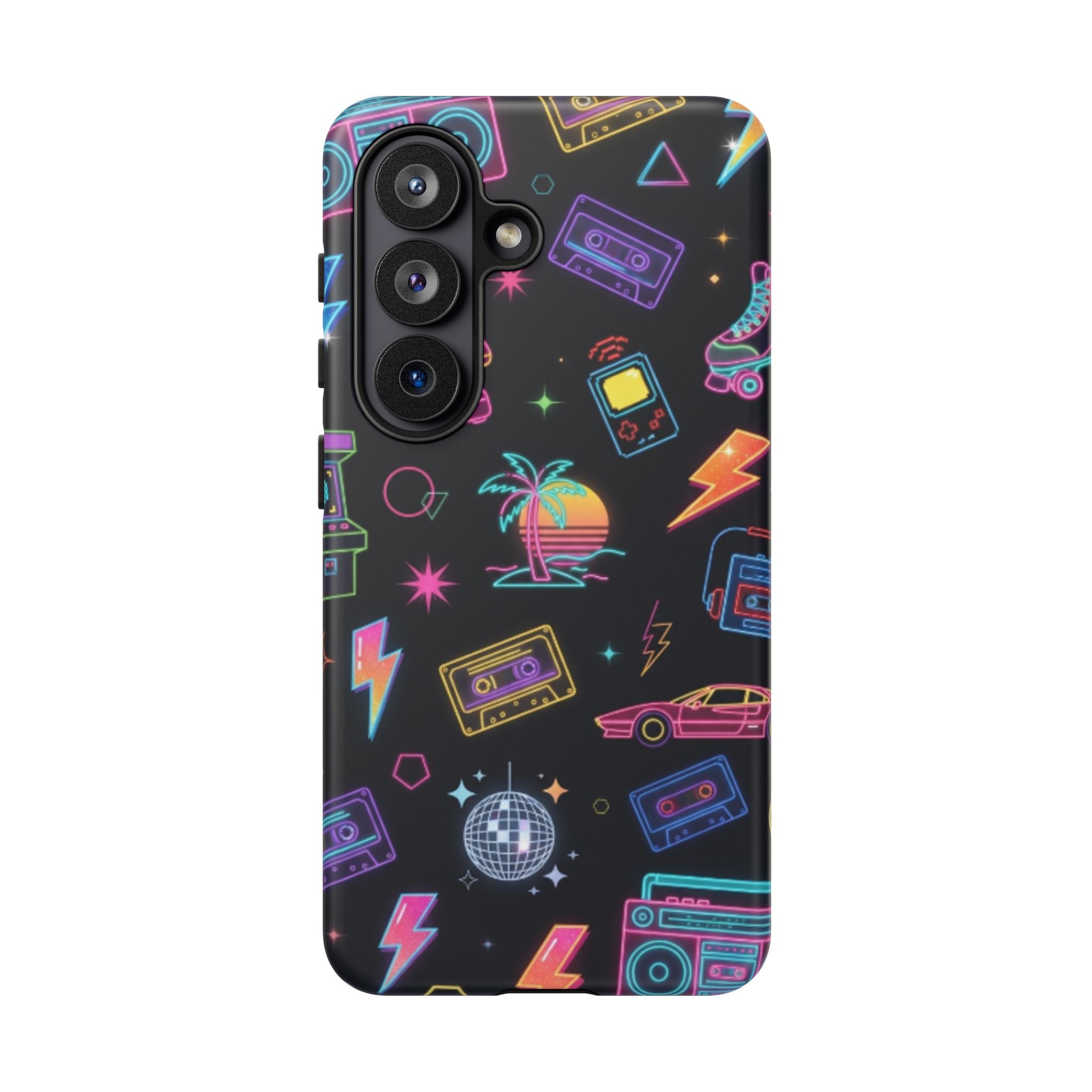 Retro Neon 80s Phone Case — Cassette, Roller Skate & Palm Tree Pattern