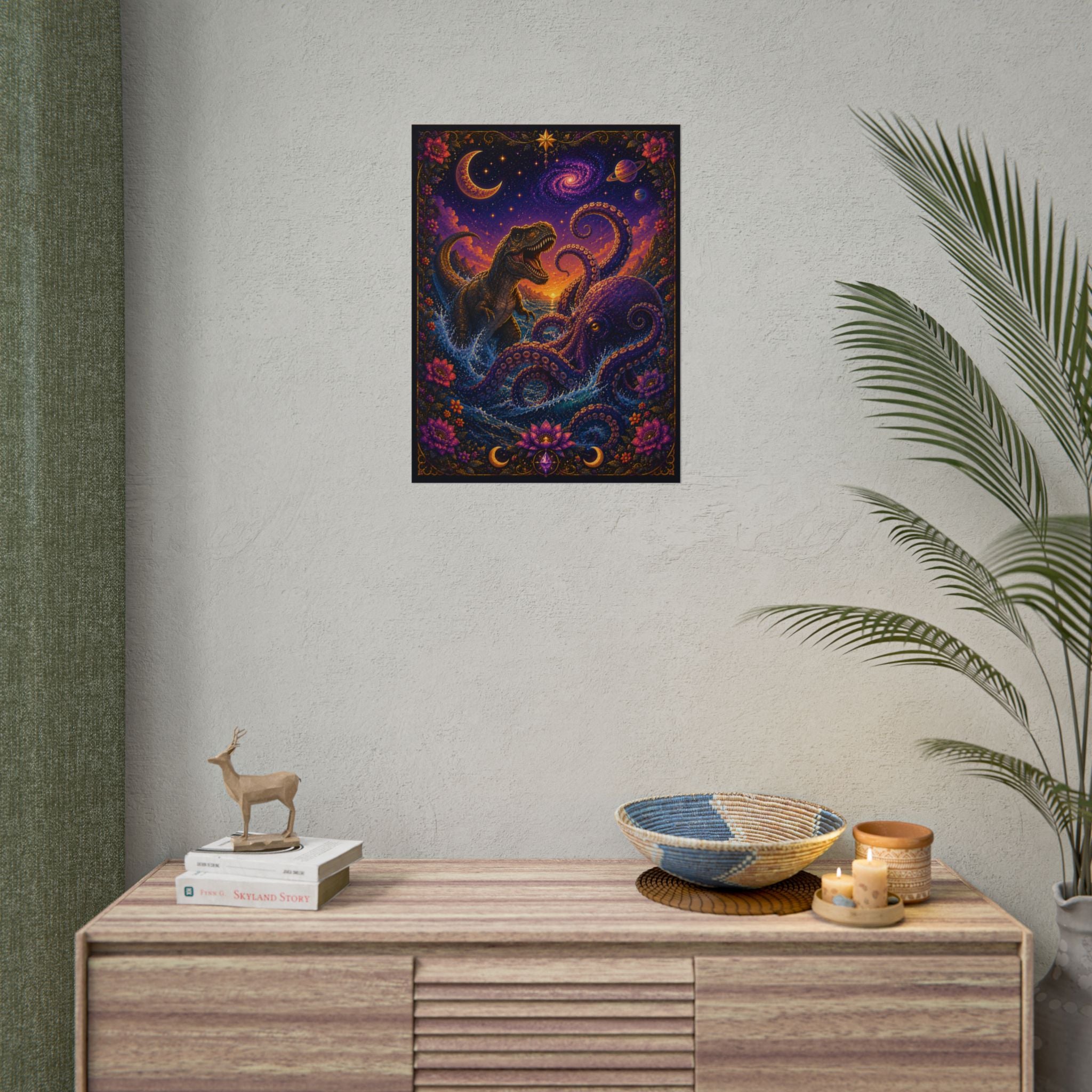 T-Rex vs. Kraken Cosmic Art Poster — Psychedelic Dinosaur Print