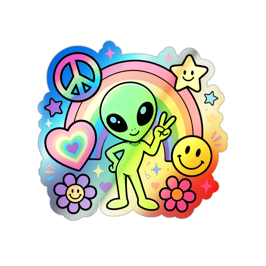 Holographic Alien Peace Sticker — Rainbow Psychedelic Die-Cut Sticker #03