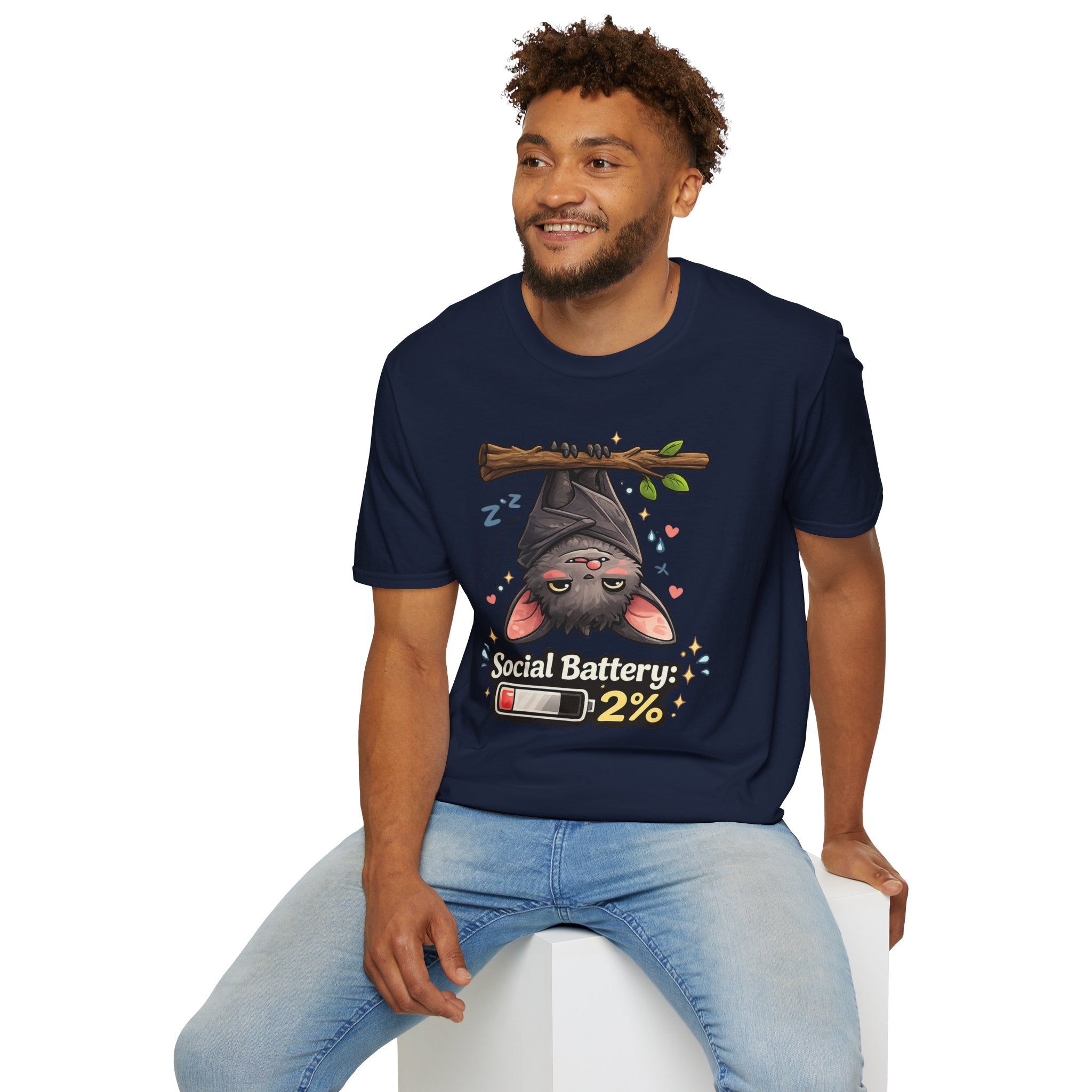 "Social Battery 2%" Cute Sleeping Bat Graphic Tee
