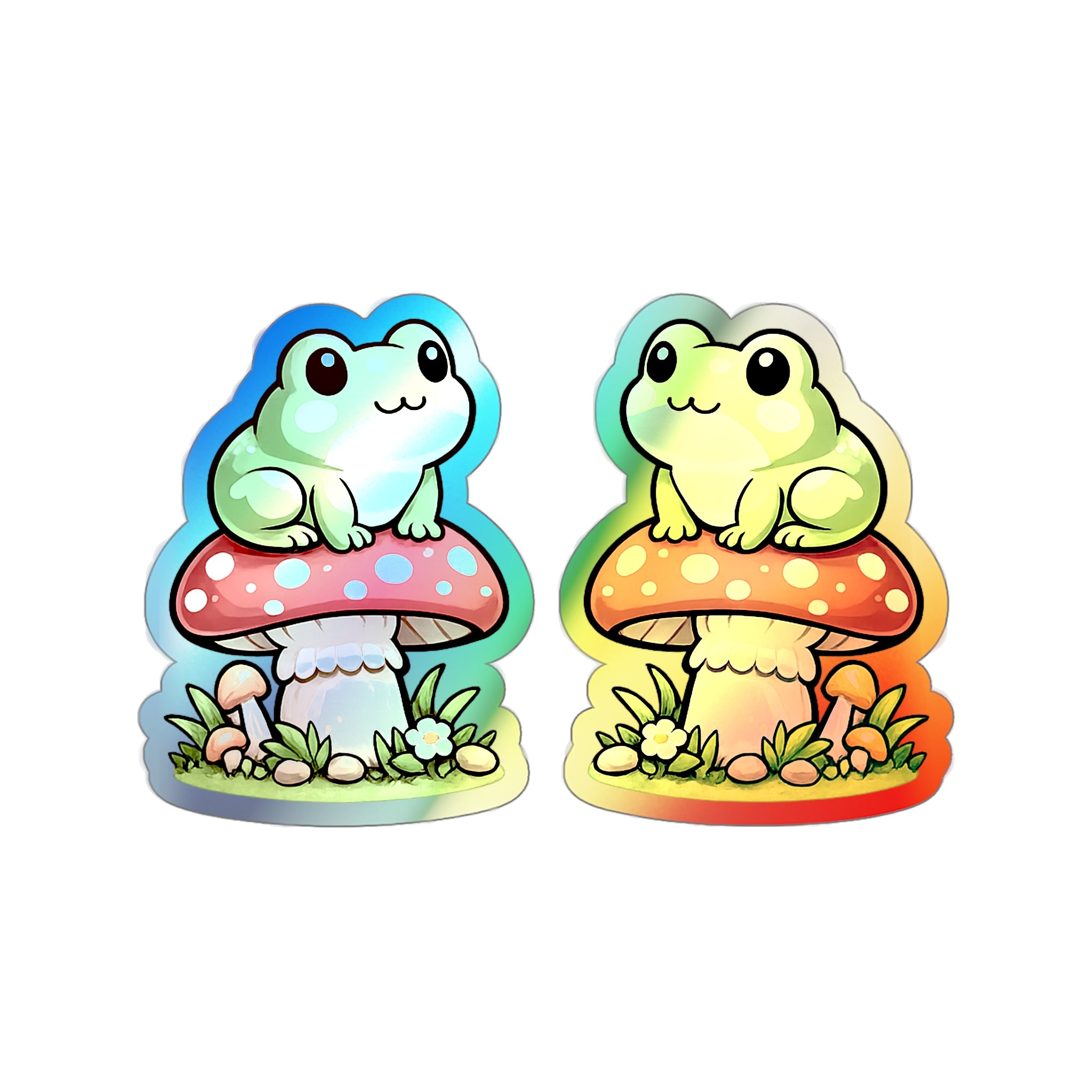 Holographic Frog on Mushroom Die-Cut Sticker — Cute Kawaii Vinyl Decal