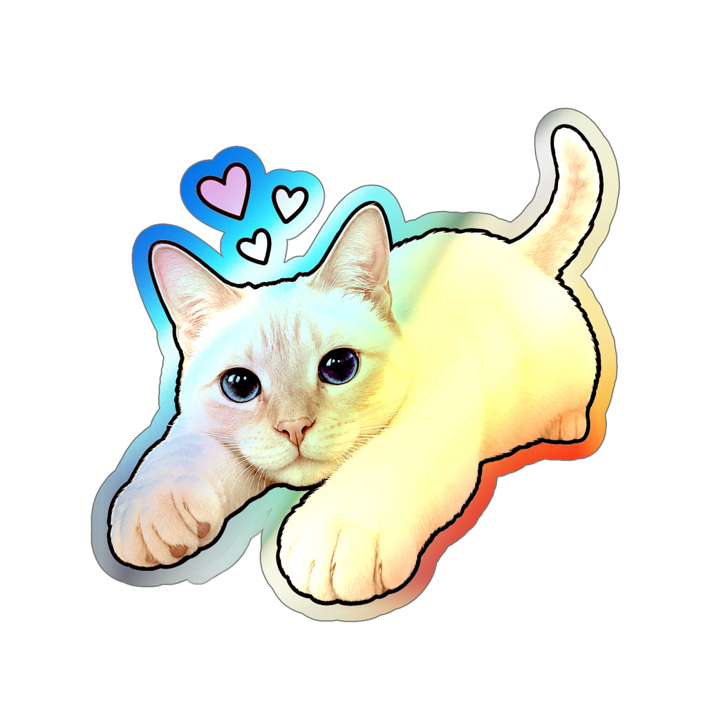 Holographic Cat Die-Cut Sticker — Cute Siamese Kitten with Hearts