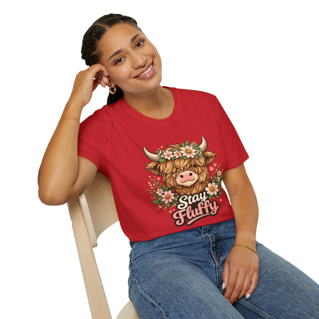Highland Cow "Stay Fluffy" T-Shirt — Floral Highland Cattle Graphic Tee