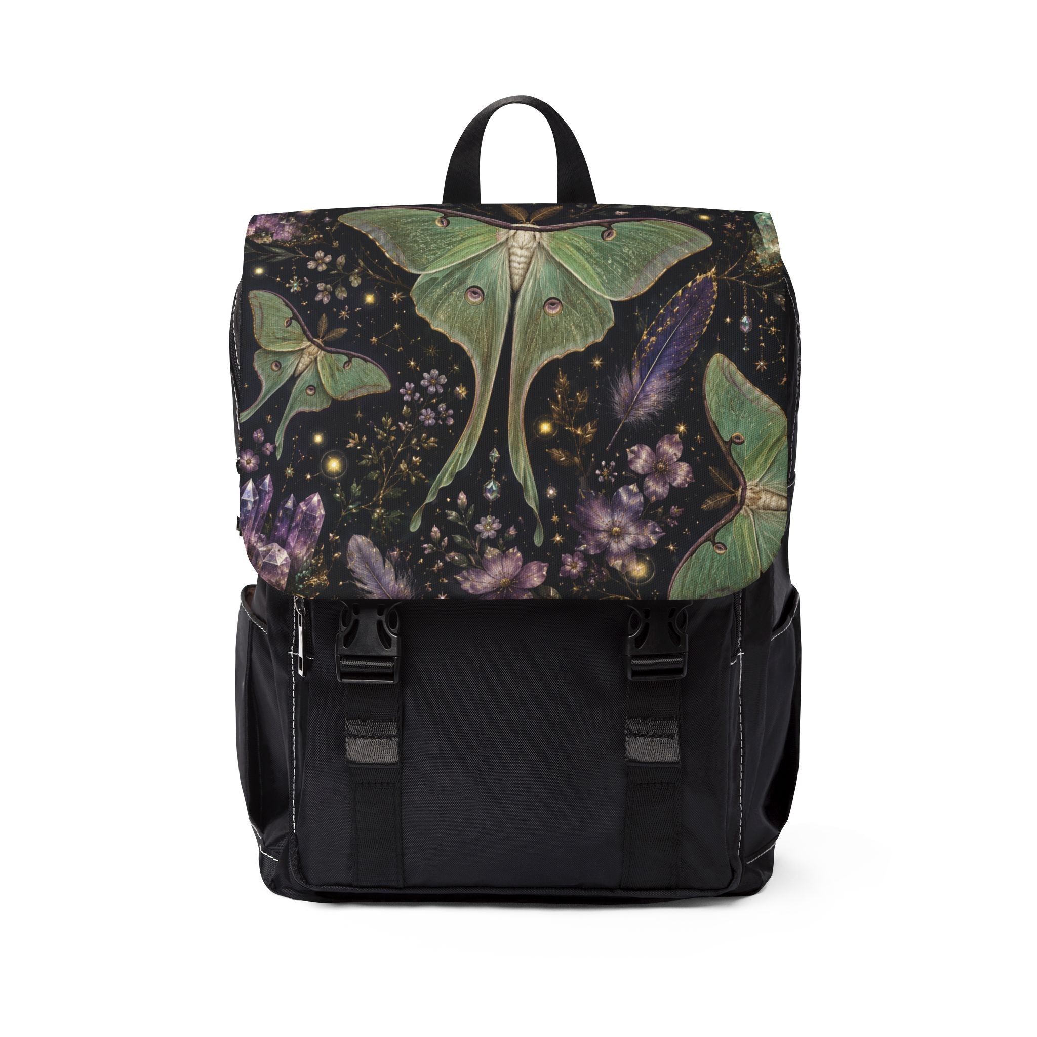 Luna Moth Cosmic Floral Canvas Shoulder Backpack — Night Garden Shoulder Bag