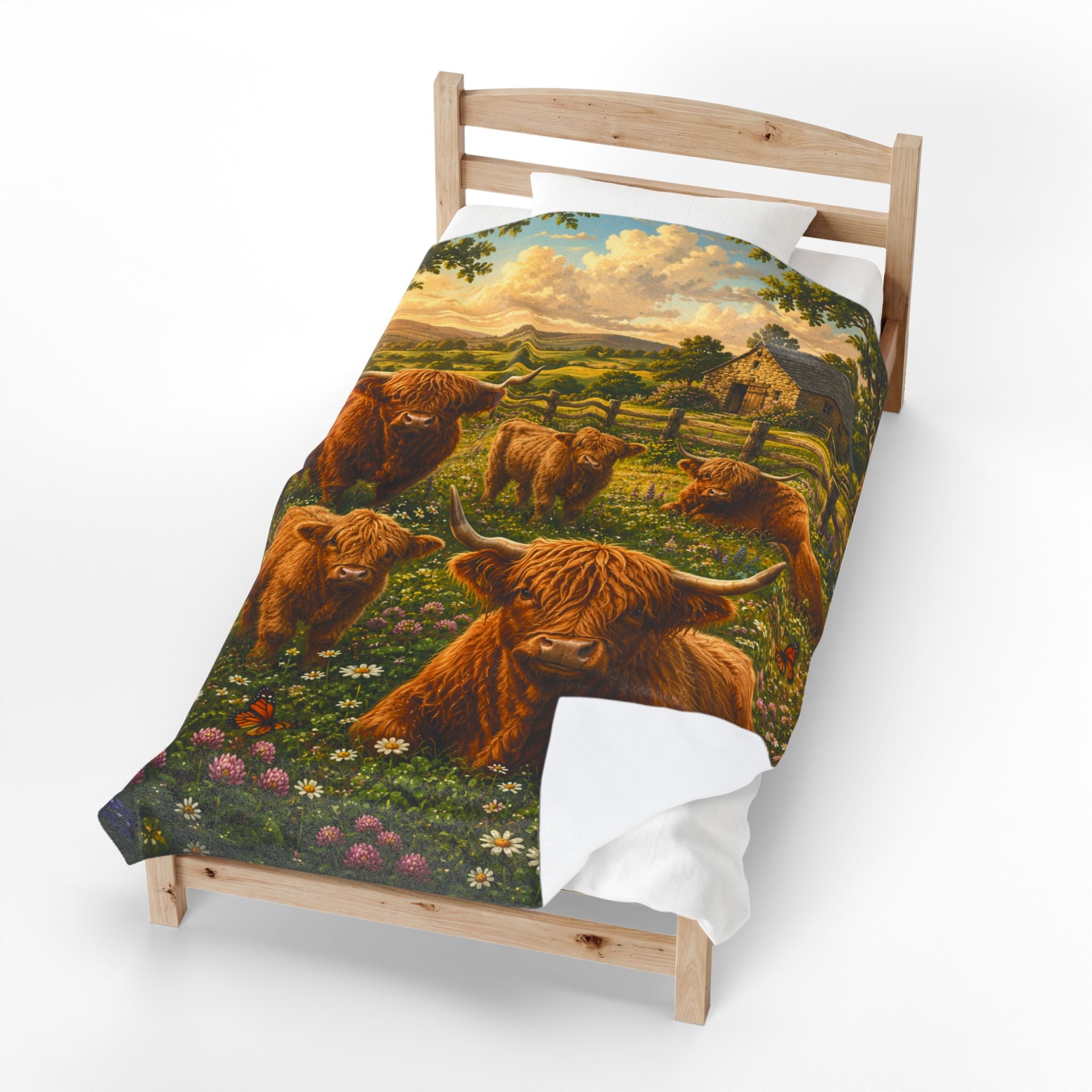 Highland Cattle Velveteen Plush Blanket — Cozy Farmhouse Throw with Highland Cow Family Design