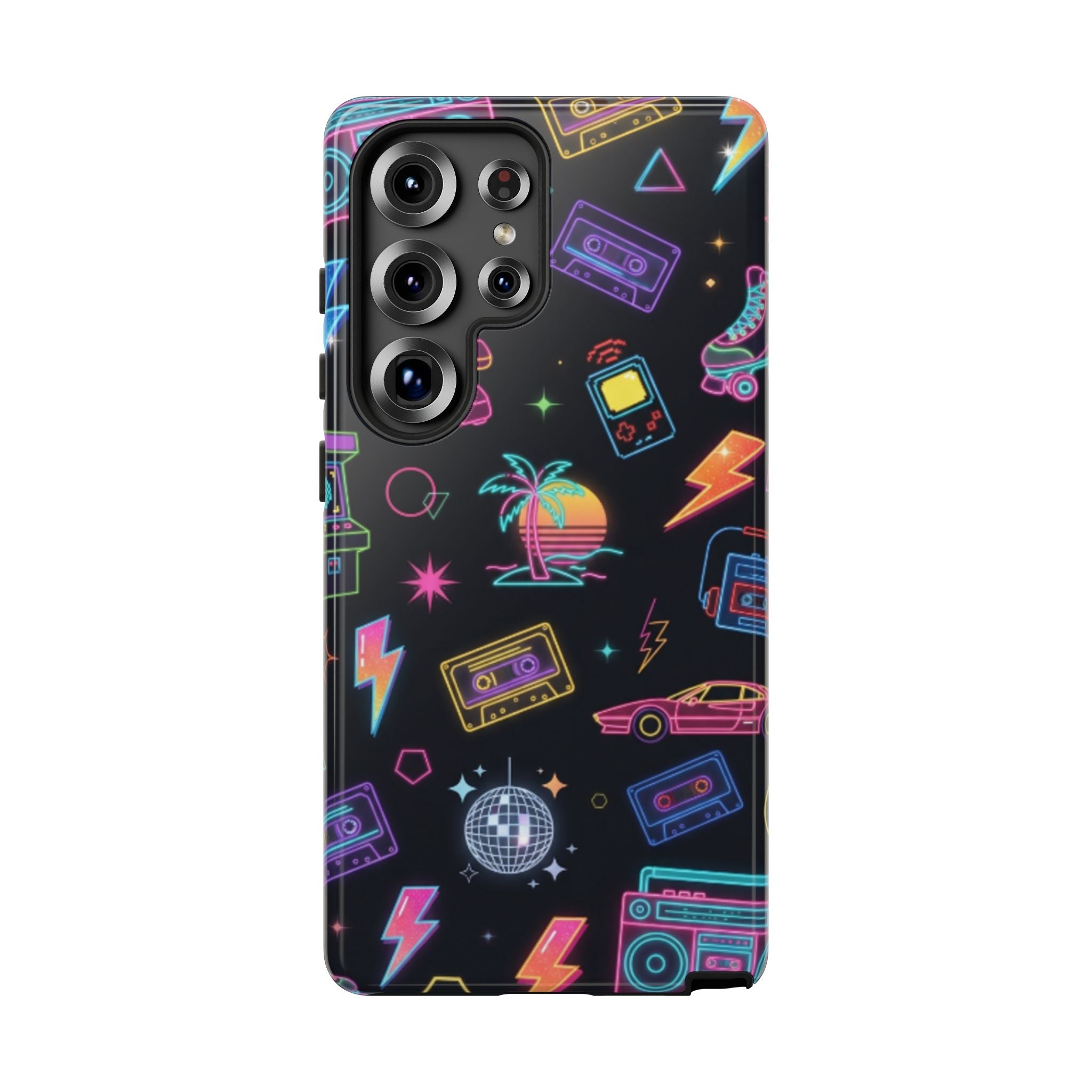 Retro Neon 80s Phone Case — Cassette, Roller Skate & Palm Tree Pattern