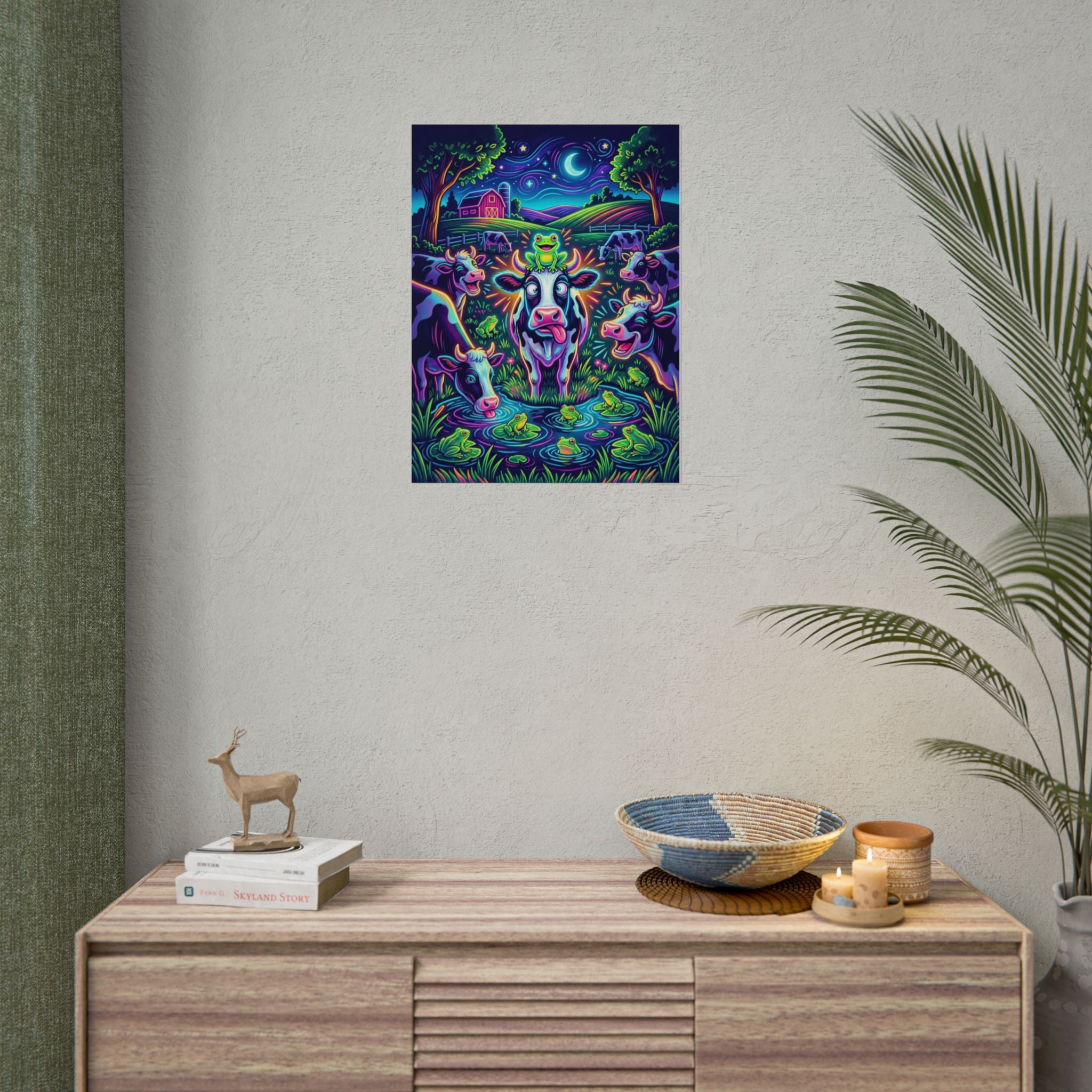 Neon Pop Art Farm Night Poster — Whimsical Cow & Frog Art Print