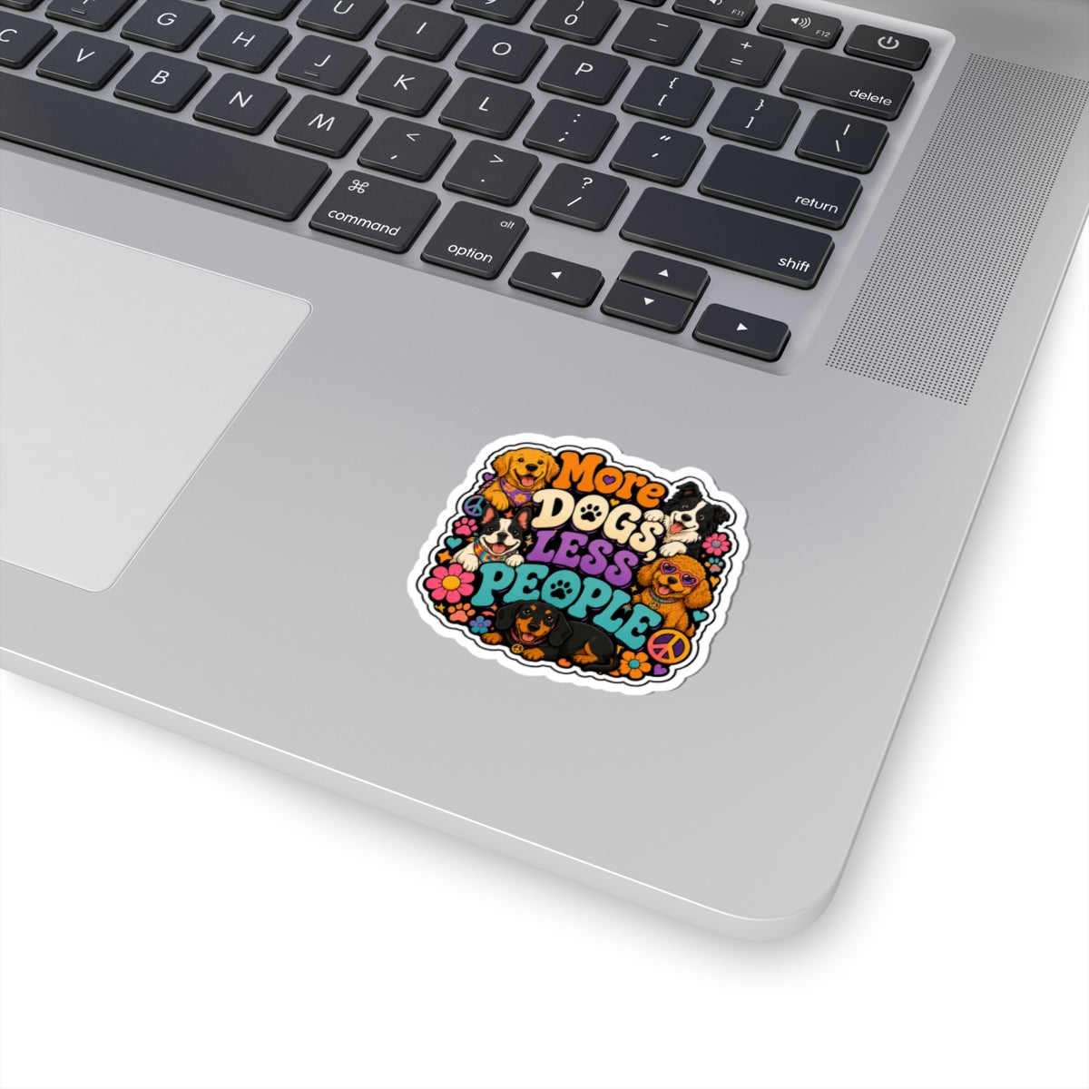 More Dogs Less People Sticker — Retro Hippie Dog Laptop Kiss-Cut Sticker