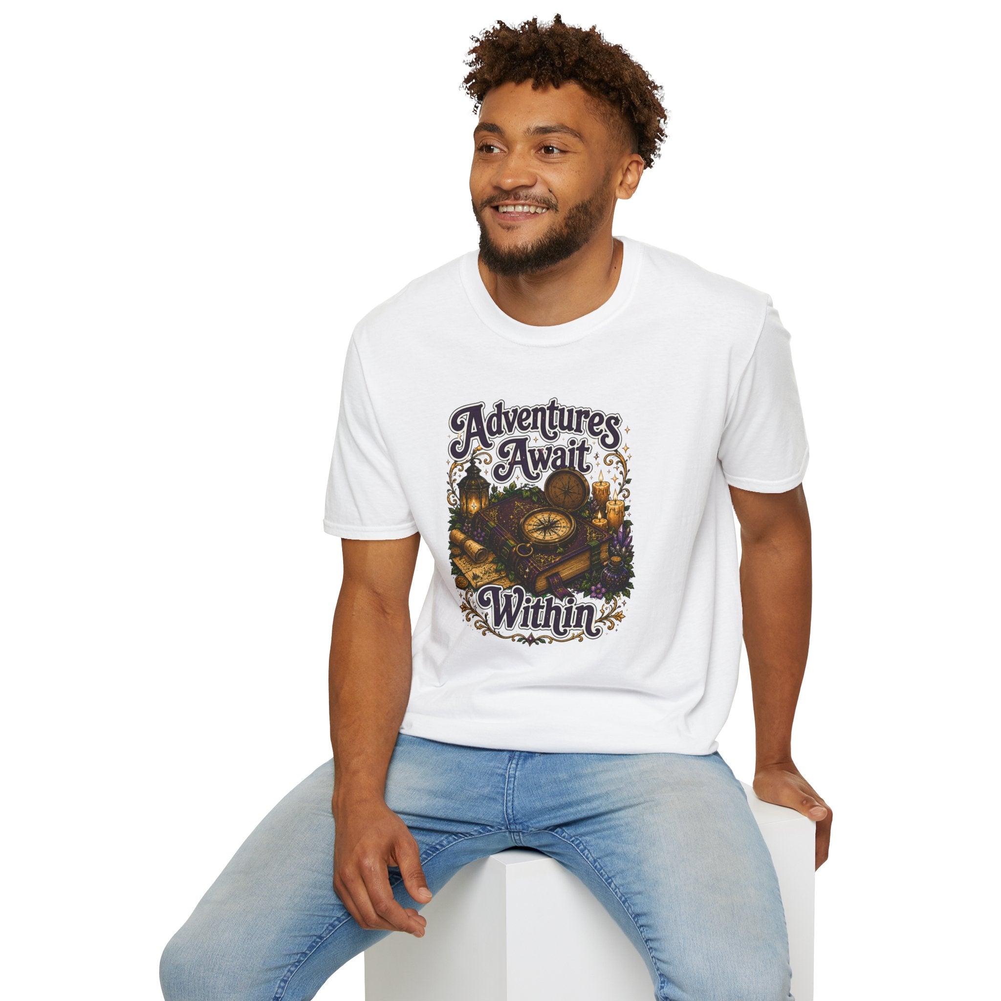 T-Shirt — "Adventures Await" Compass & Candle Travel Graphic
