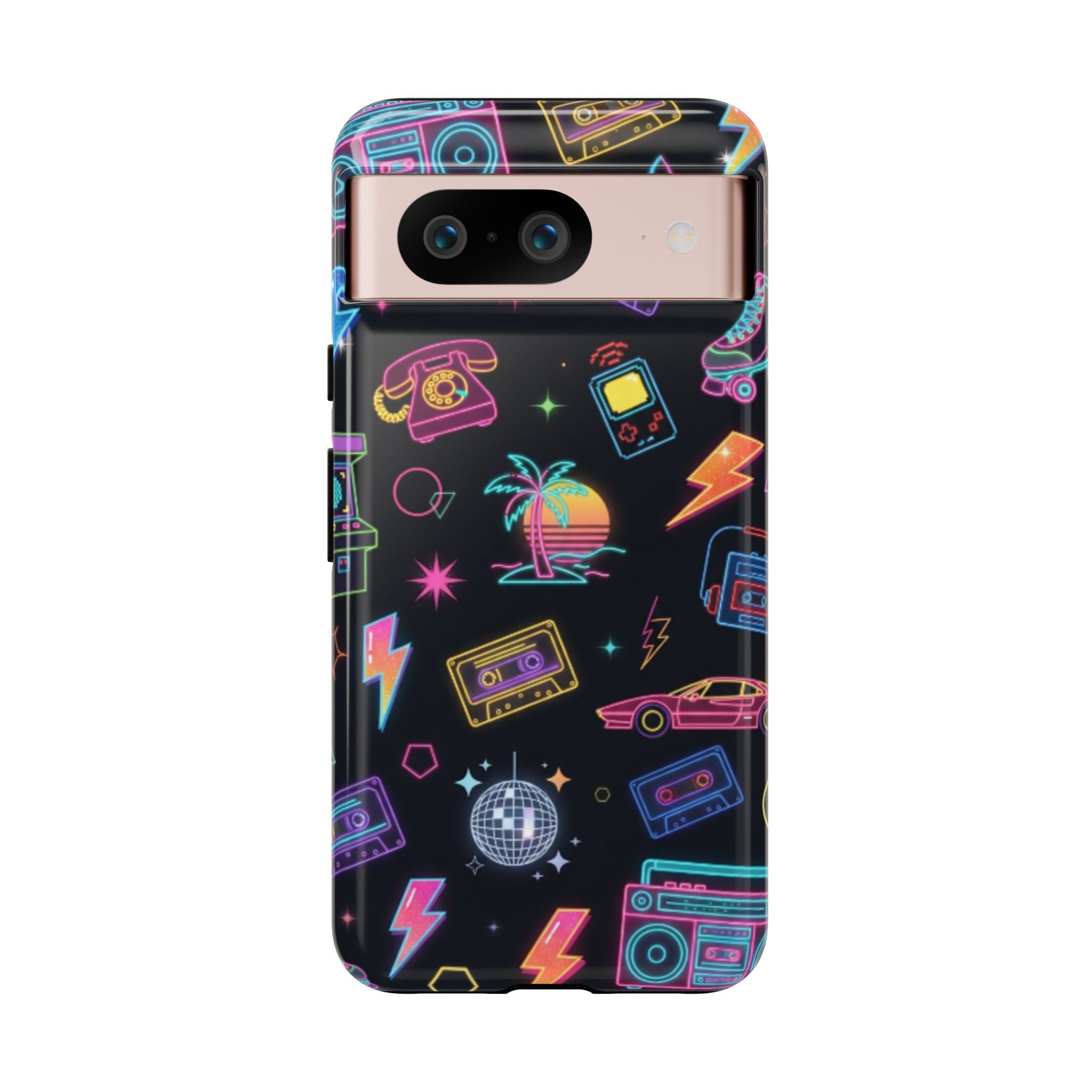 Retro Neon 80s Phone Case — Cassette, Roller Skate & Palm Tree Pattern