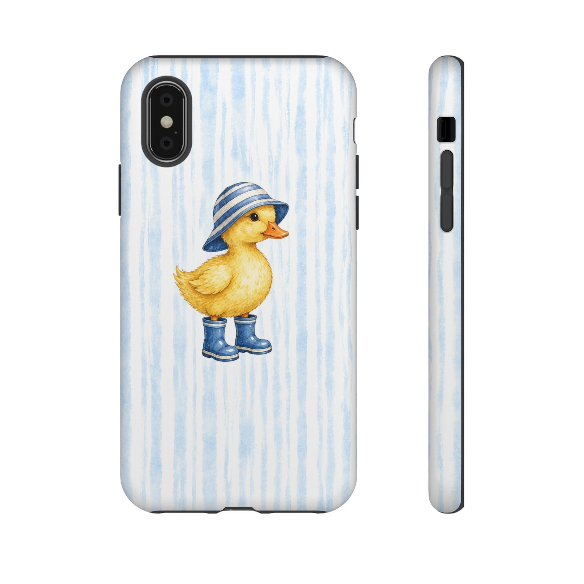 Cute Duckling Phone Case – Baby Blue Stripes with Duck in Hat & Boots