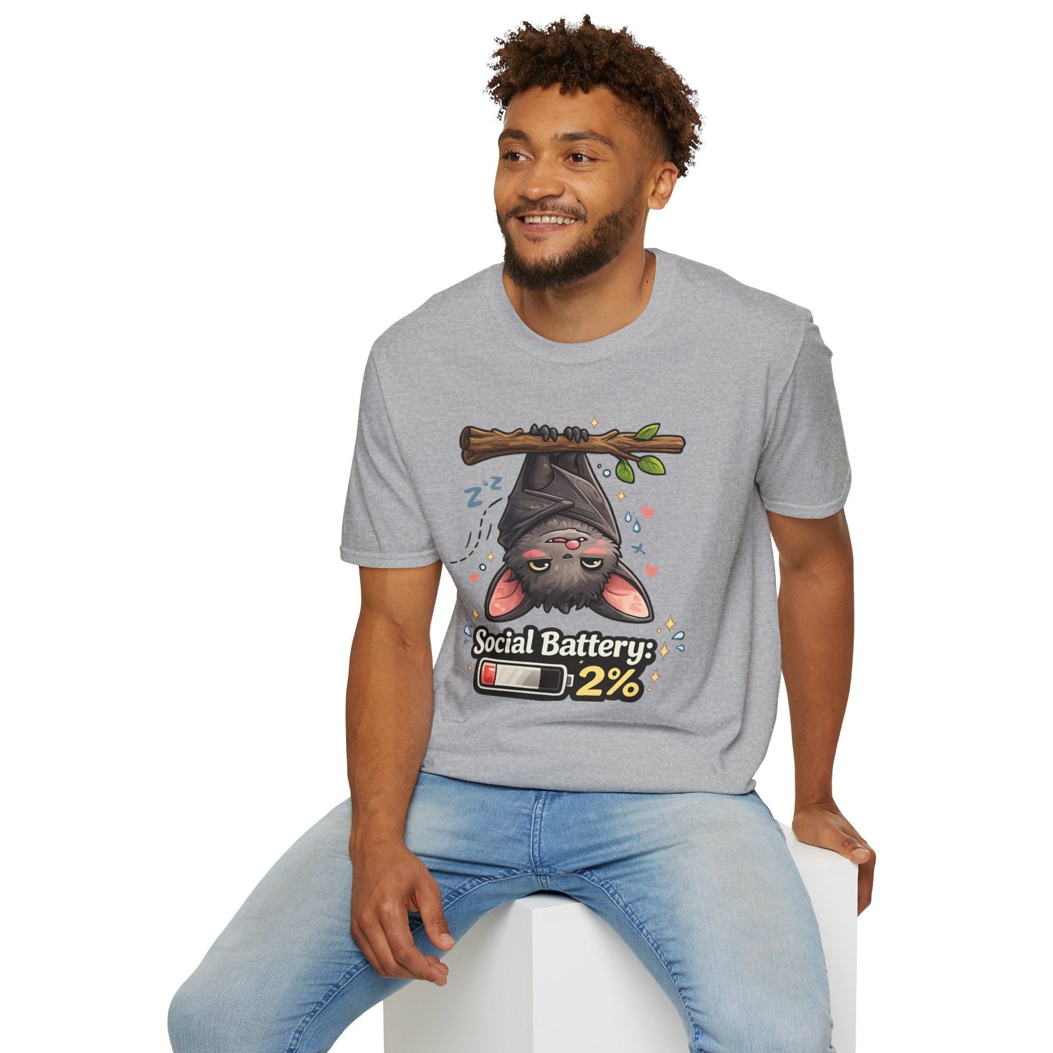 "Social Battery 2%" Cute Sleeping Bat Graphic Tee