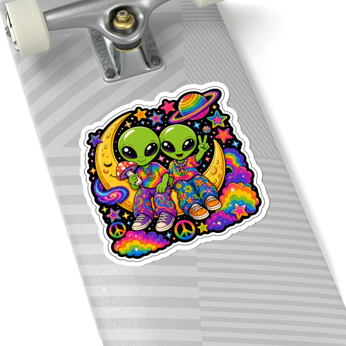 Psychedelic Alien Friends Sticker — Peace Sign, Rainbow Moon Kiss-Cut Sticker