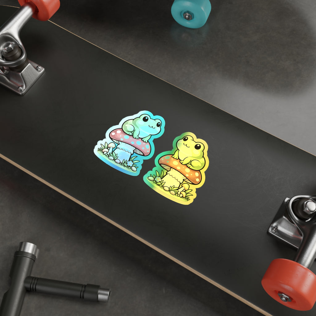 Holographic Frog on Mushroom Die-Cut Sticker — Cute Kawaii Vinyl Decal