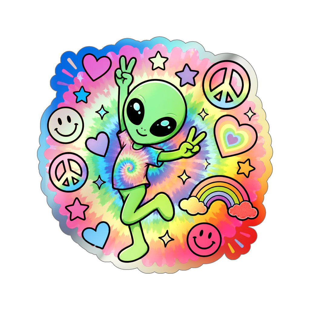 Holographic Alien Peace Sticker — Tie-Dye Vibe Die-Cut Sticker #06