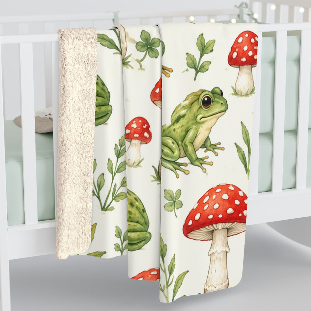 Frog & Toad Mushroom Sherpa Blanket — Cozy Woodland Throw