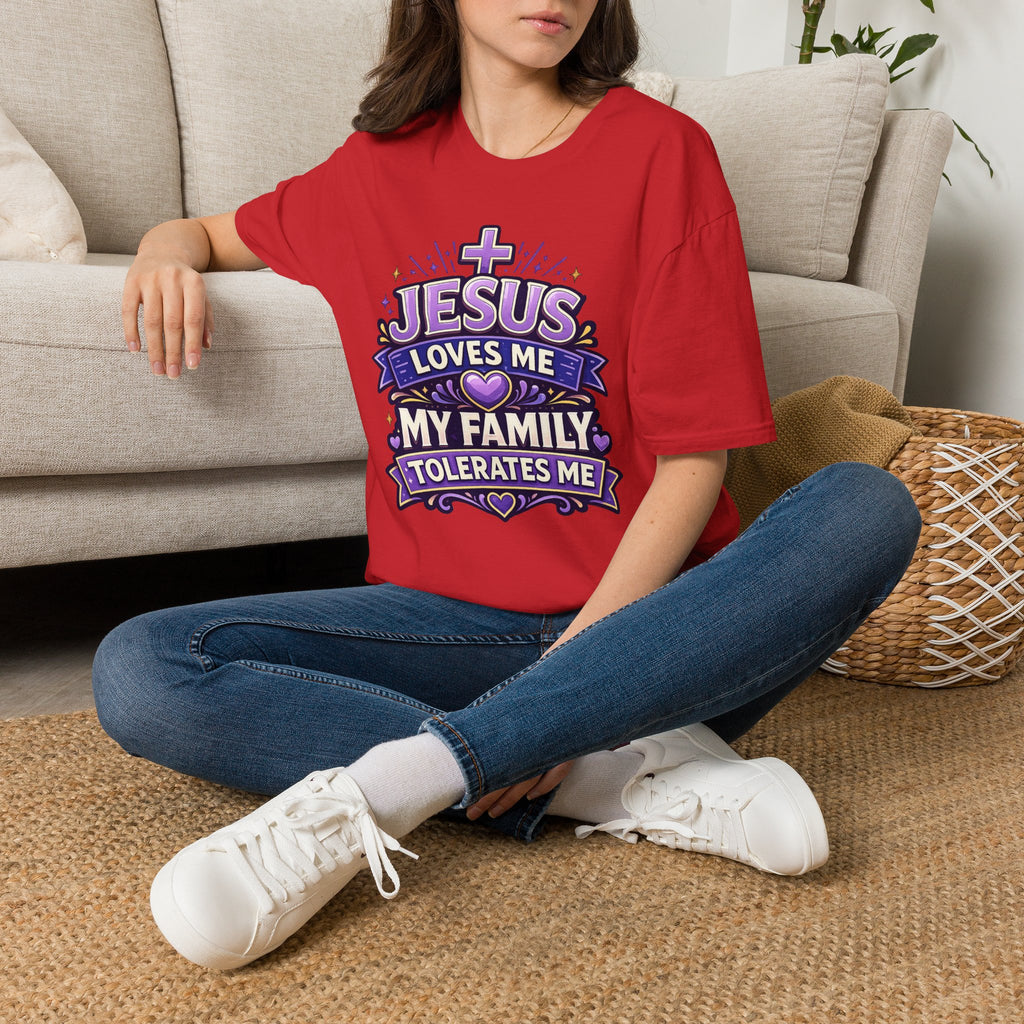 Jesus Loves Me T-Shirt — "Jesus Loves Me, My Family Tolerates Me" Funny Christian Gift Graphic Tee