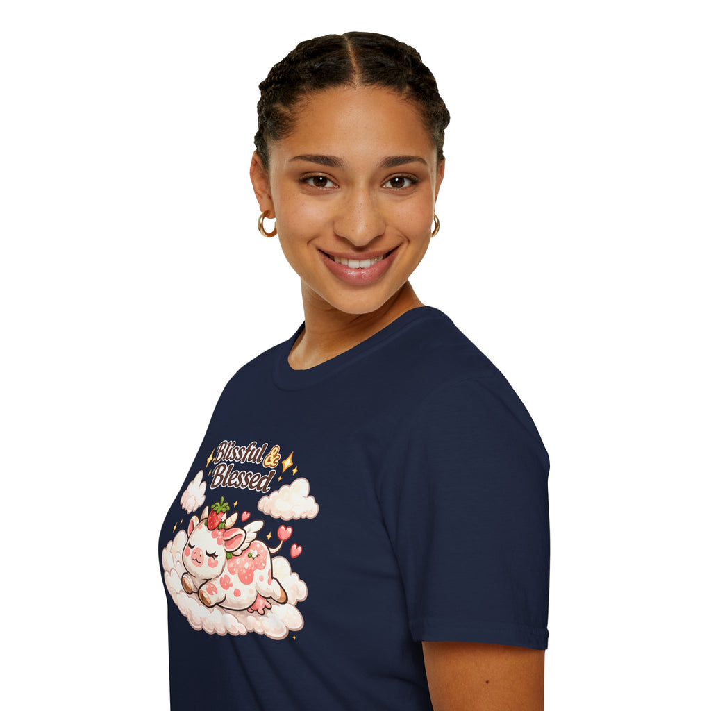Blissful & Blessed Cute Strawberry Cow T-Shirt — Cozy Gift Tee