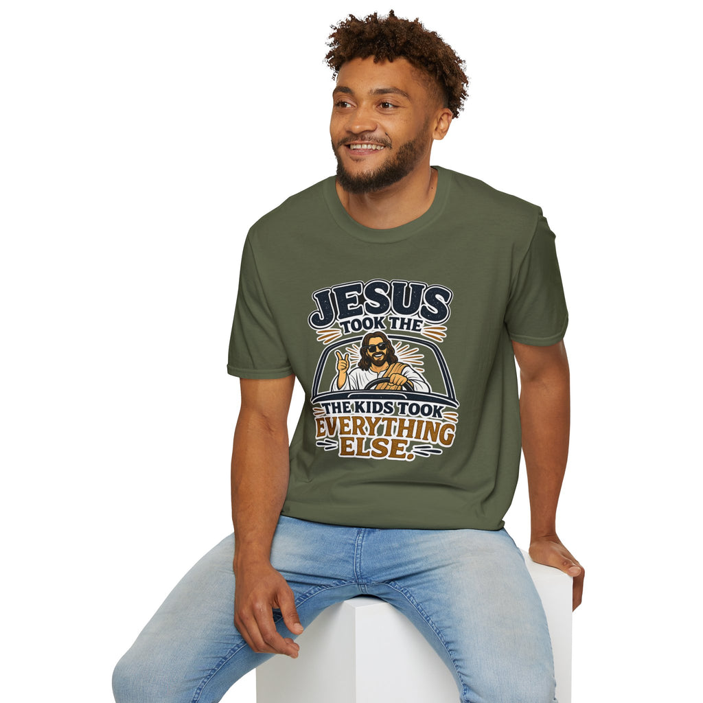 Jesus Took The Wheel T‑Shirt — "Jesus Took The Kids Took Everything Else" Christian Graphic Tee
