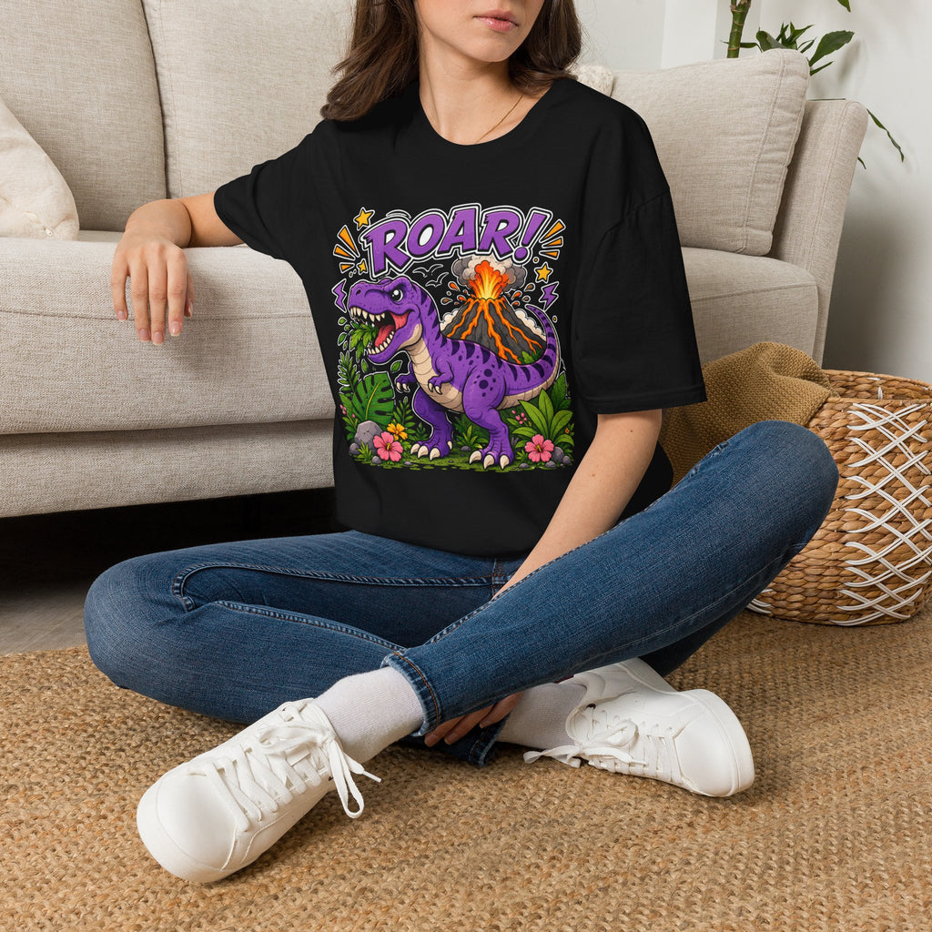 T-Shirt — 'ROAR!' Purple Dinosaur Volcano Graphic Tee