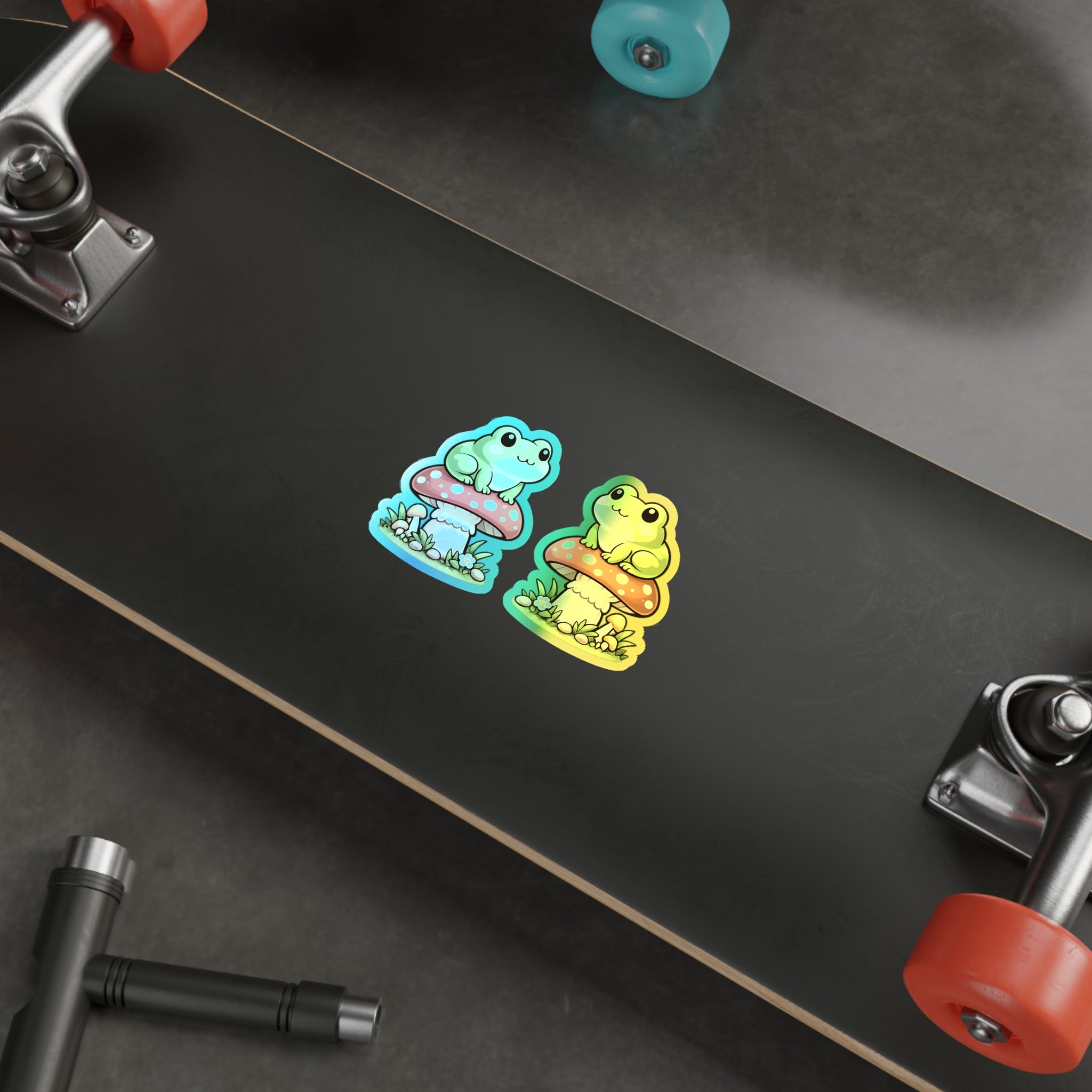 Holographic Frog on Mushroom Die-Cut Sticker — Cute Kawaii Vinyl Decal