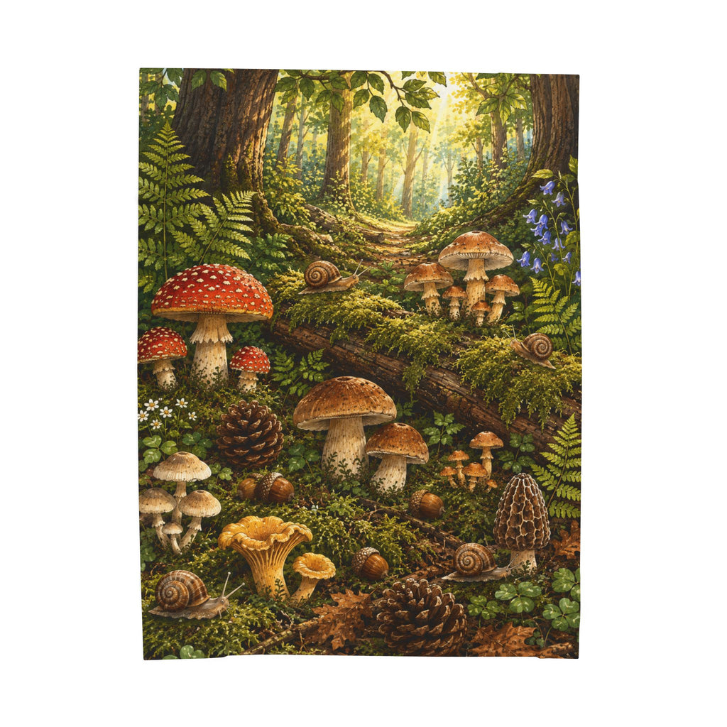 Forest Mushrooms Velveteen Plush Blanket — Cozy Forest Mushroom Scene Throw