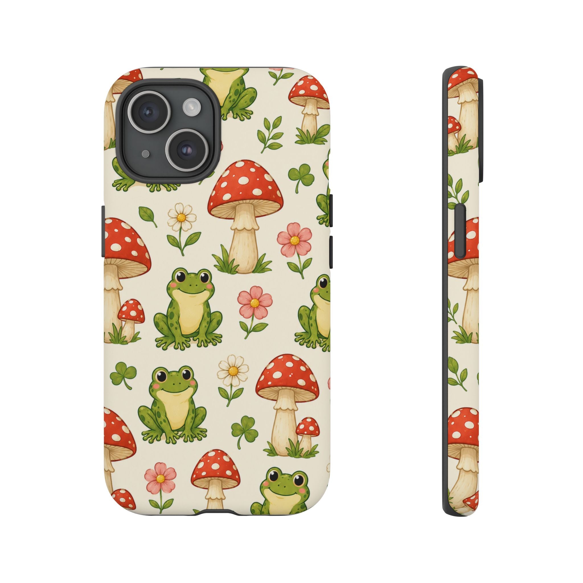 Kawaii Frog & Red Capped Mushroom Phone Case – Cute Nature Pattern Protective Cover