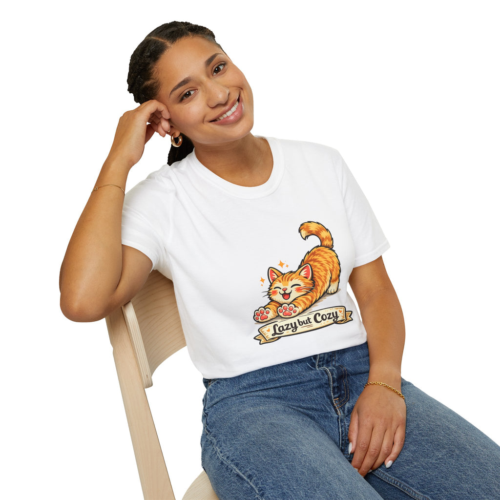 Cozy Cat T-Shirt — Cute Stretching Orange Kitten "Lazy but Cozy" Shirt