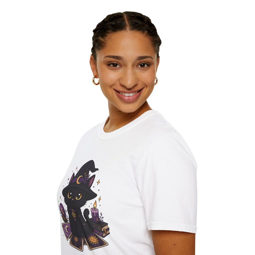 Tarot Cat T-Shirt — Cute Black Cat with Witch Hat & Tarot Candles