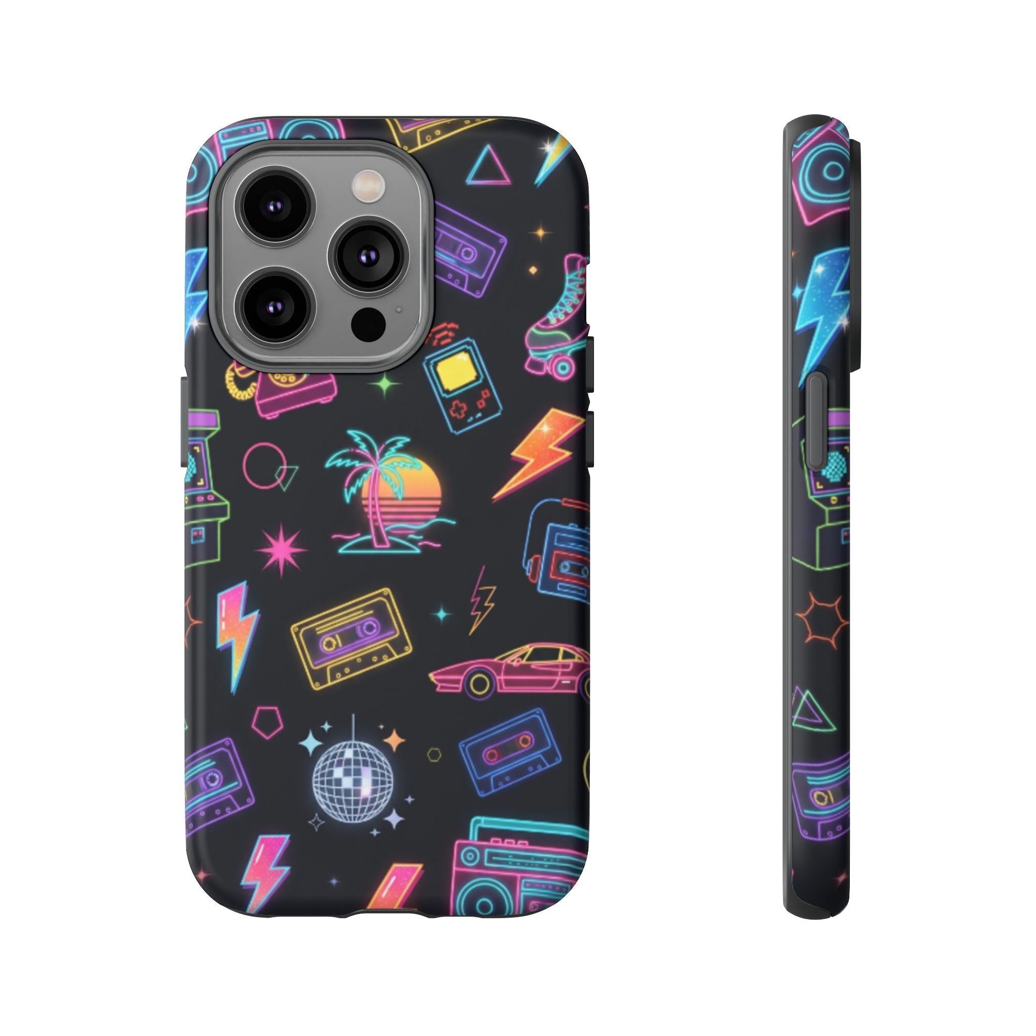 Retro Neon 80s Phone Case — Cassette, Roller Skate & Palm Tree Pattern