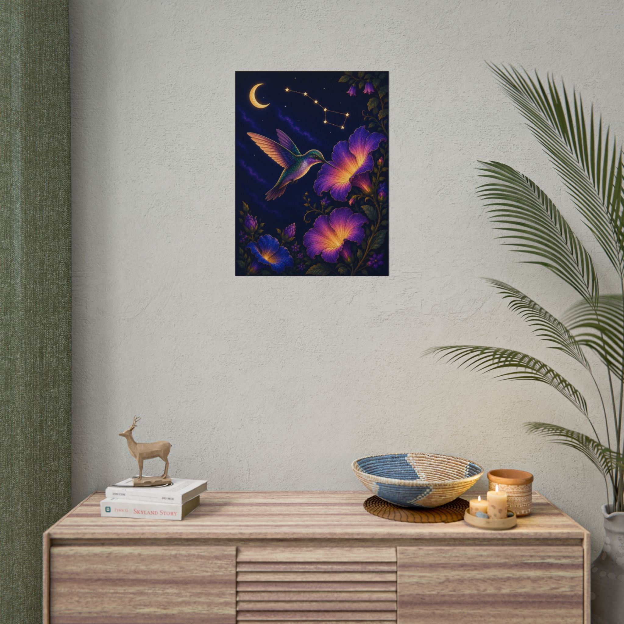 Hummingbird Moon Poster — Celestial Floral Night Wall Art