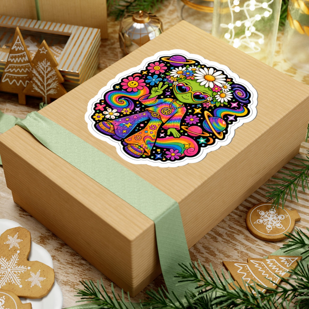 70's Hippie Alien Kiss-Cut Sticker — Retro Rainbow Peace Vibes