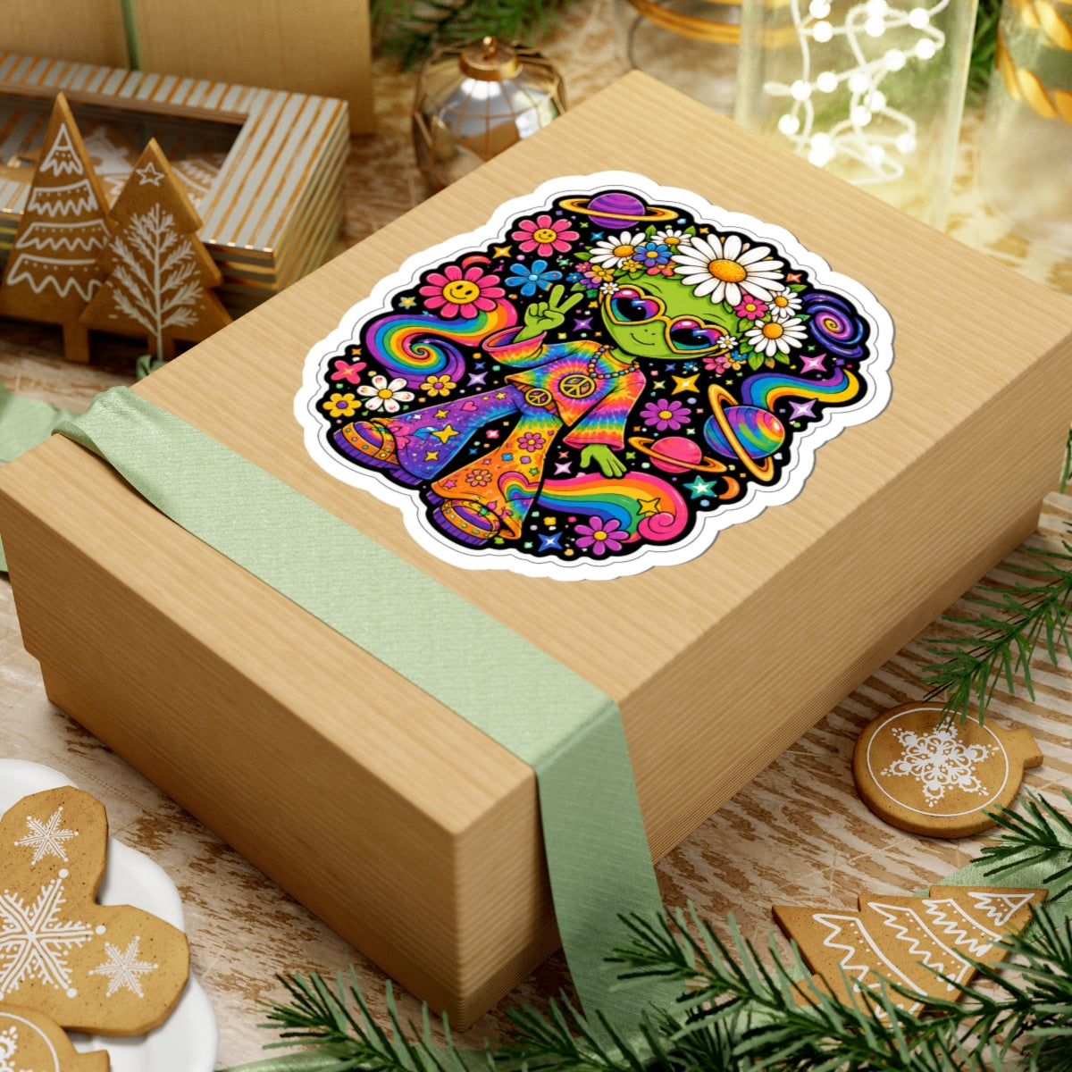 70's Hippie Alien Kiss-Cut Sticker — Retro Rainbow Peace Vibes