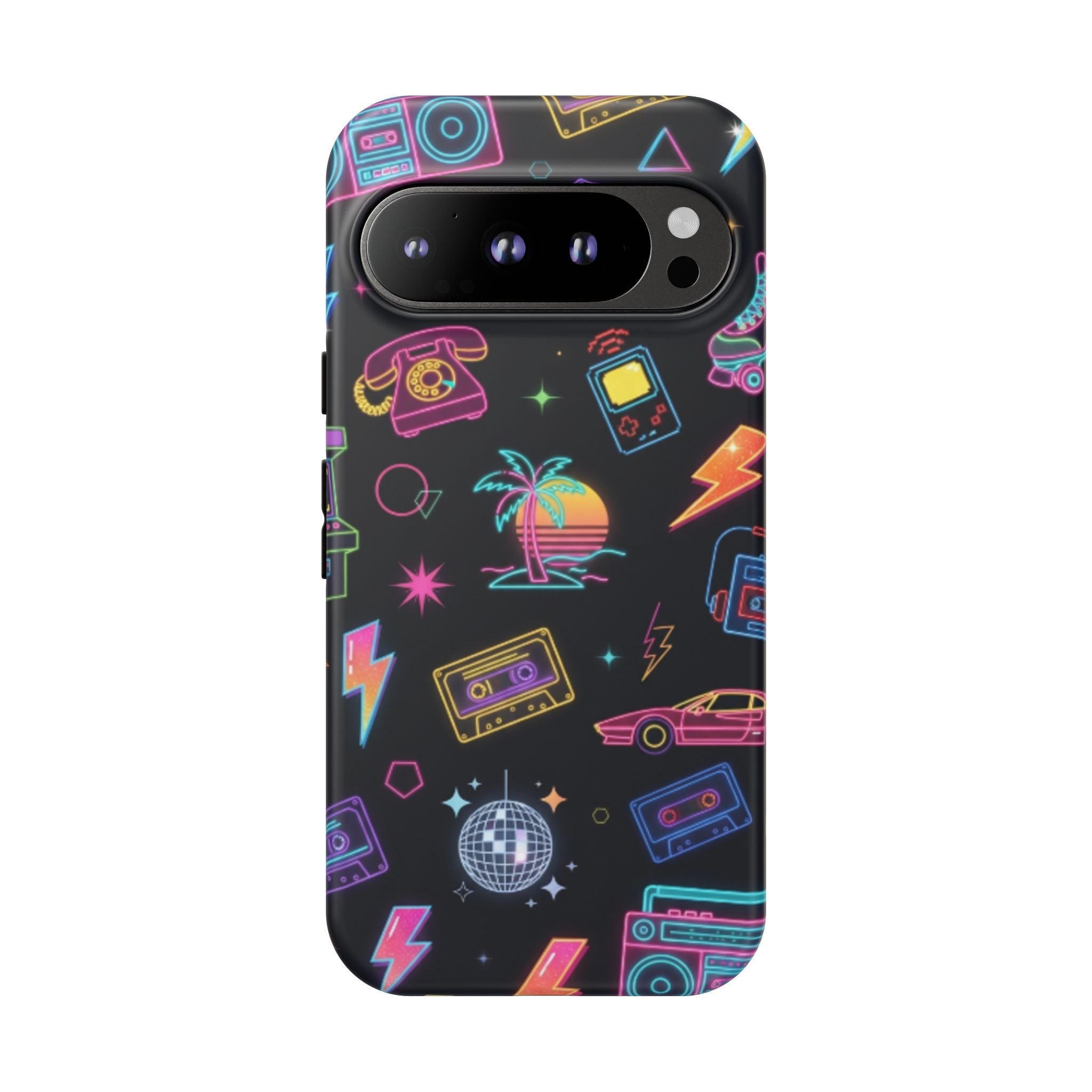 Retro Neon 80s Phone Case — Cassette, Roller Skate & Palm Tree Pattern