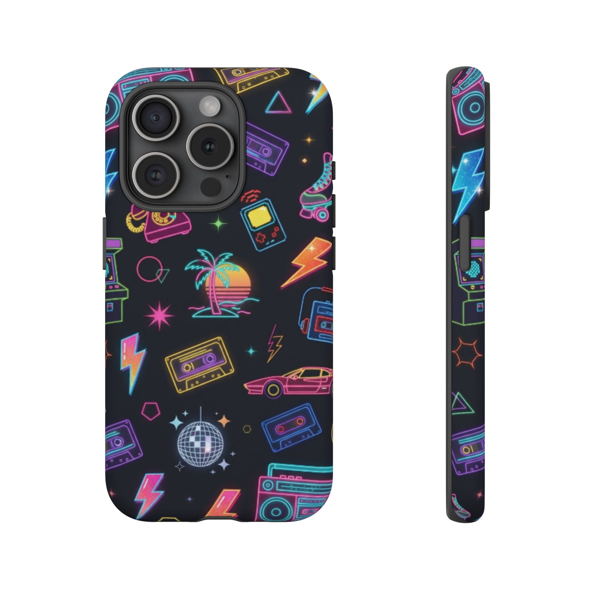 Retro Neon 80s Phone Case — Cassette, Roller Skate & Palm Tree Pattern