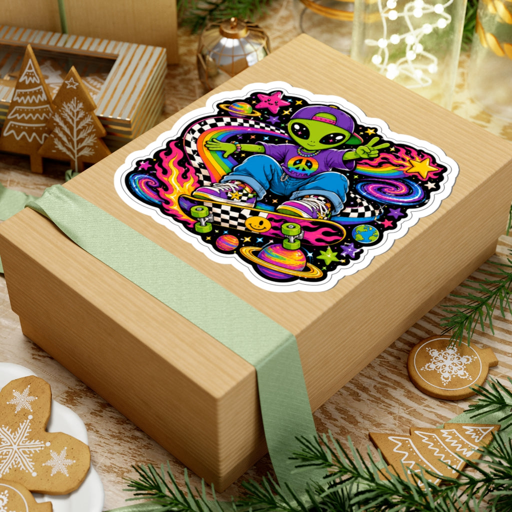 Alien Sk8er Sticker — Psychedelic Peace Sign Skateboard Kiss-Cut Sticker