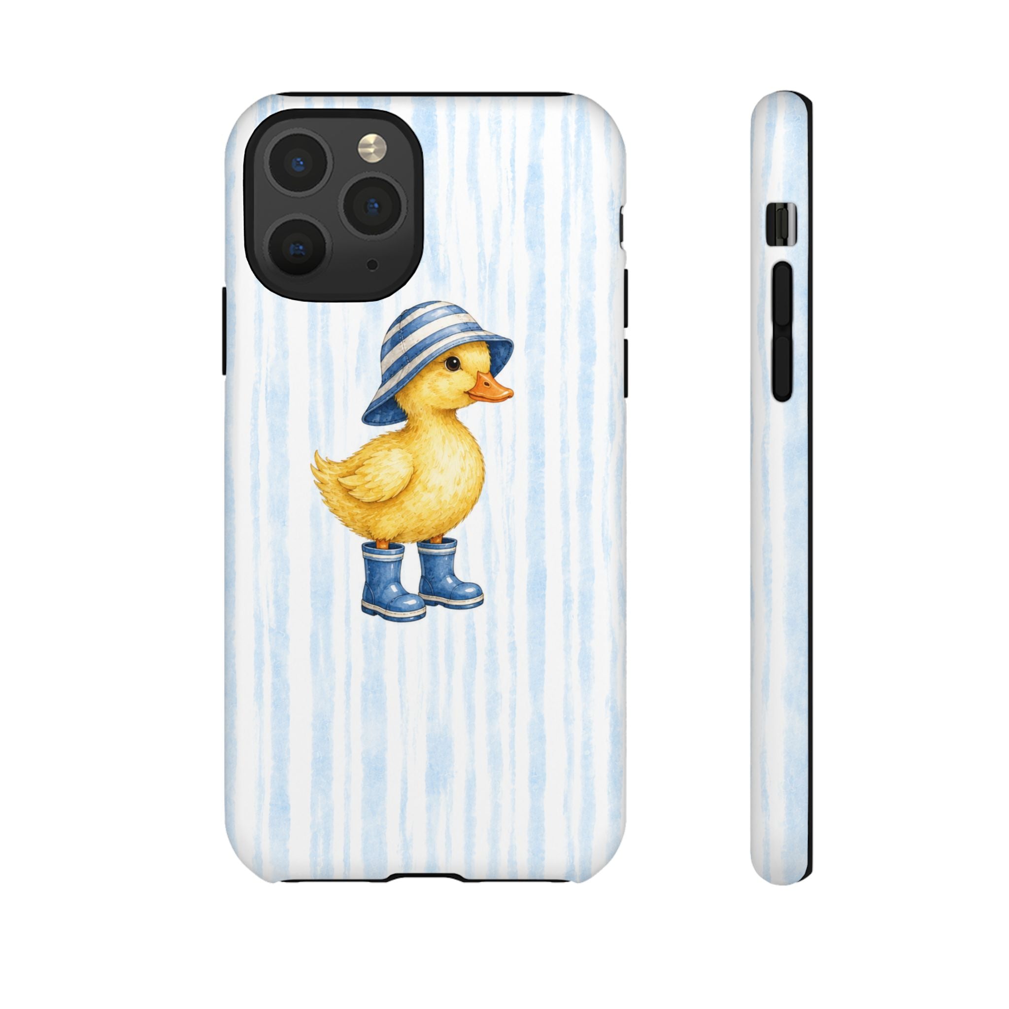 Cute Duckling Phone Case – Baby Blue Stripes with Duck in Hat & Boots