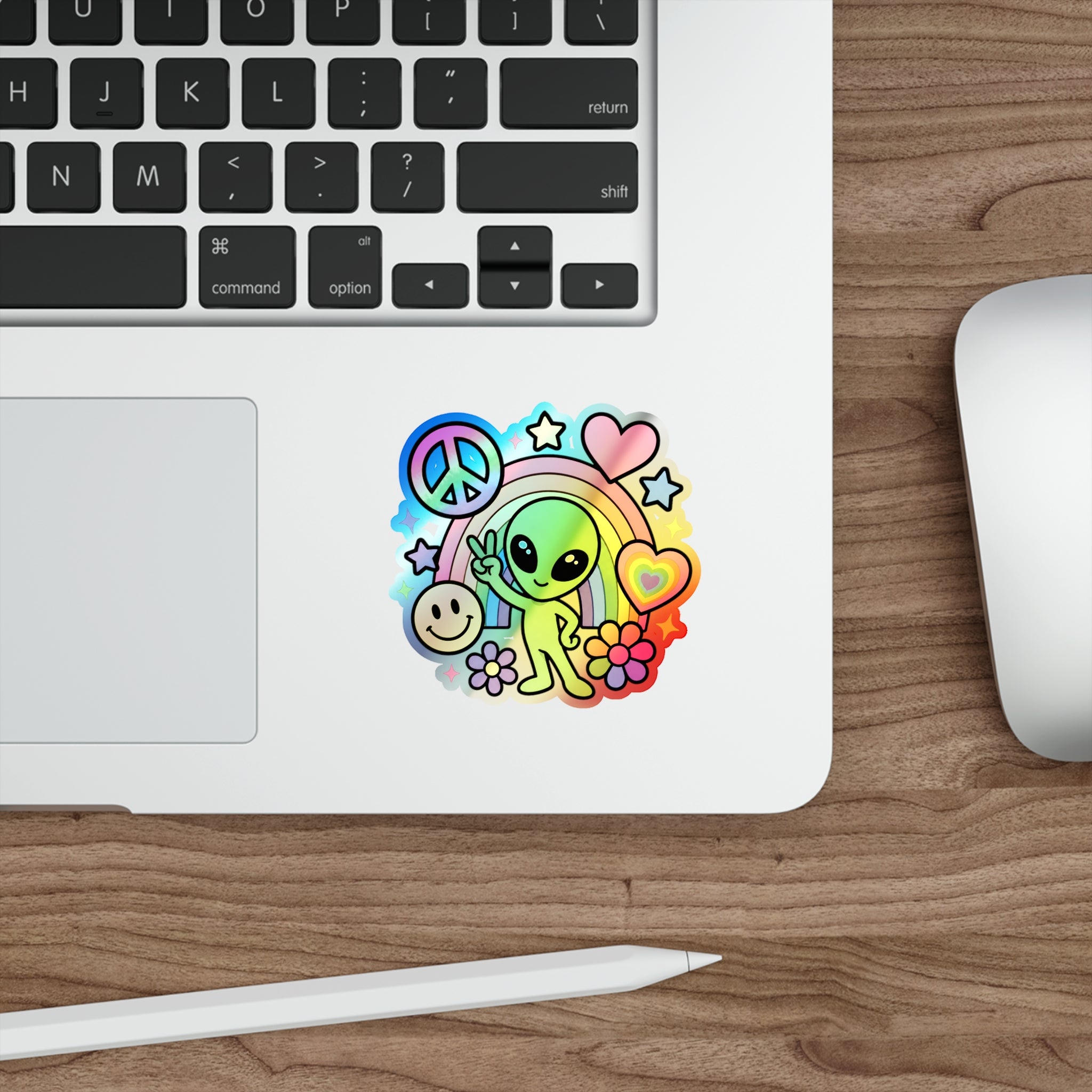 Holographic Alien Peace Sticker — Rainbow Die-Cut Vinyl #02