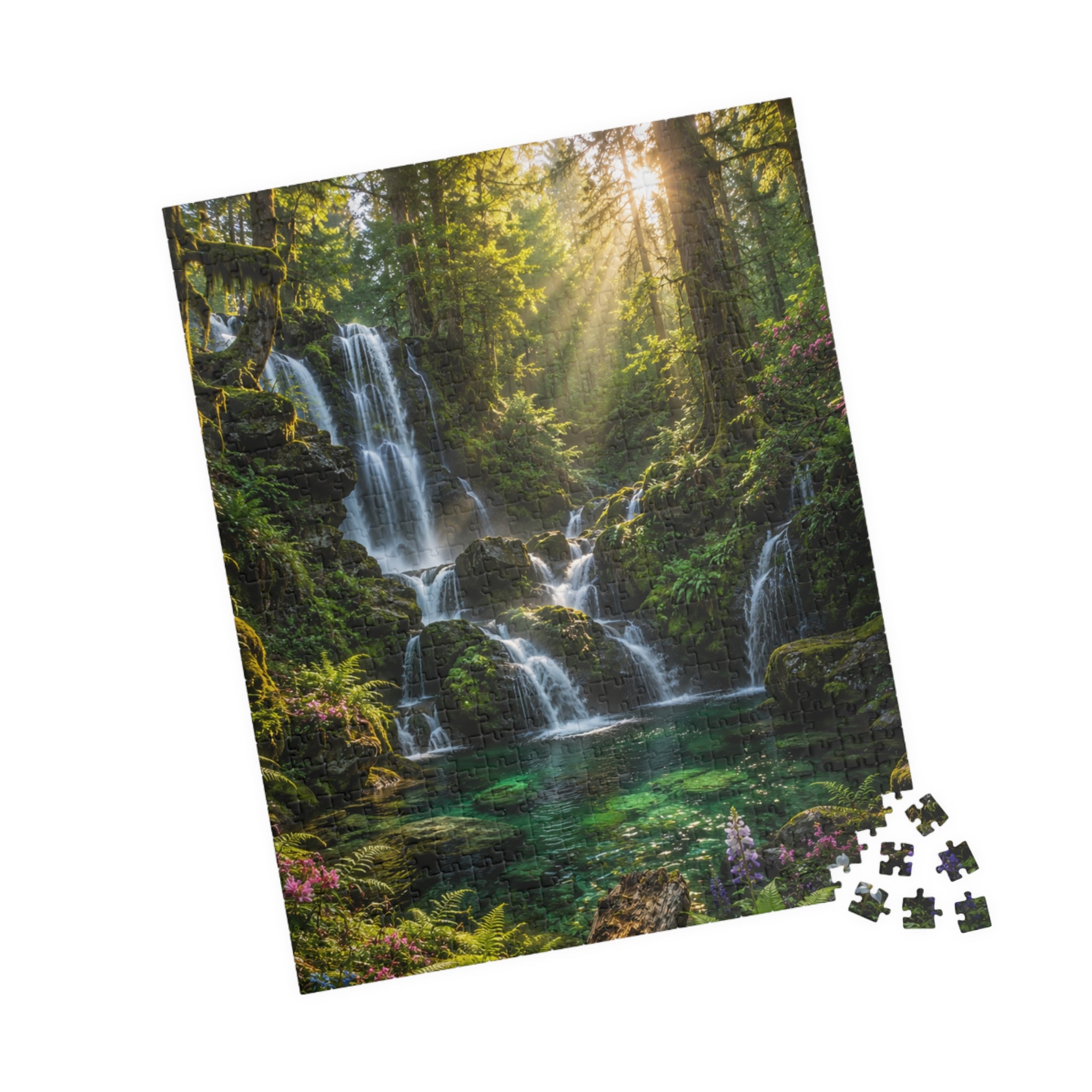 Enchanted Waterfall Forest Puzzle — Scenic Nature Jigsaw (110/252/520/1014 pcs)