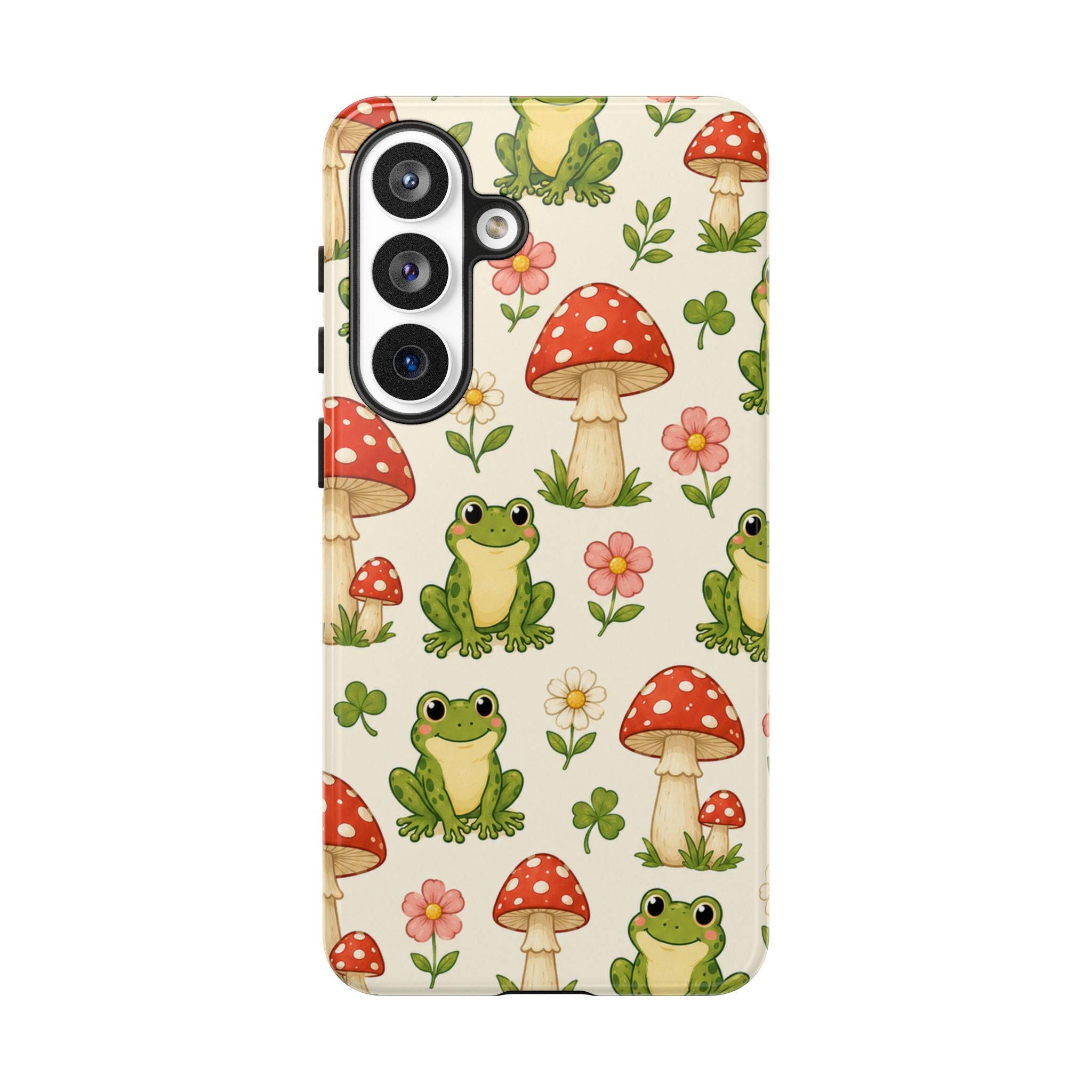 Kawaii Frog & Red Capped Mushroom Phone Case – Cute Nature Pattern Protective Cover