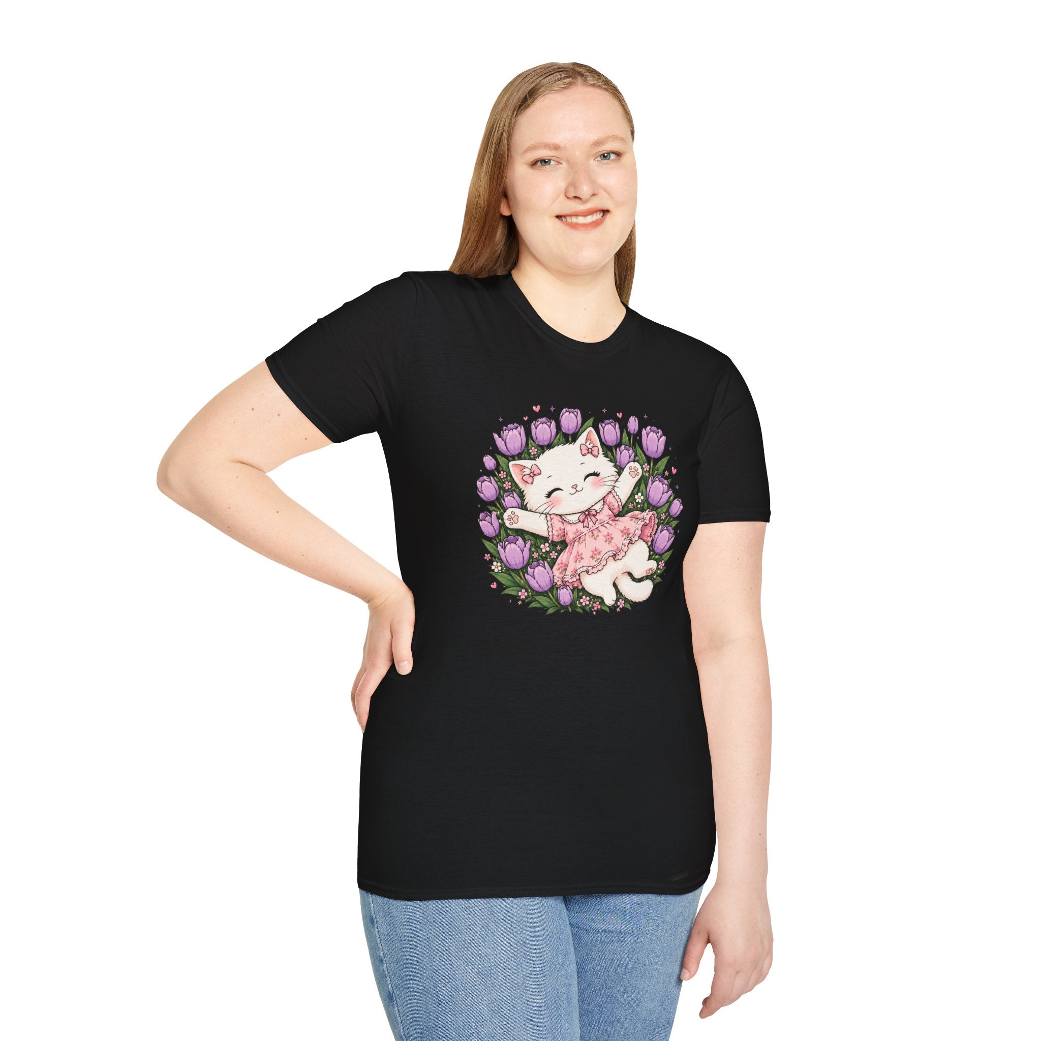 Cute Floral Cat T-Shirt — Happy Kitten in Tulips Graphic Tee