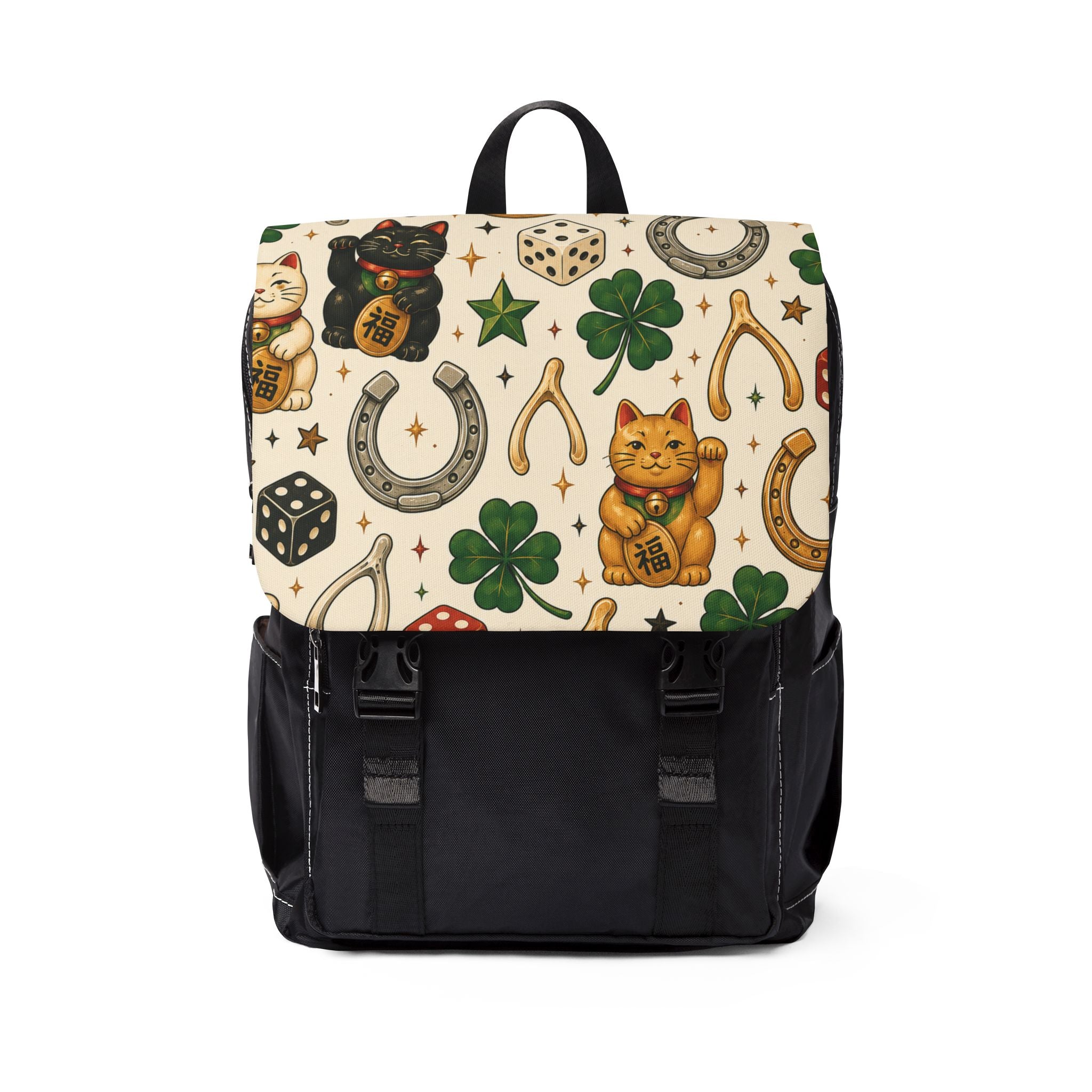 Lucky Charm Pattern Shoulder Backpack — Japanese Maneki Neko Travel Daypack