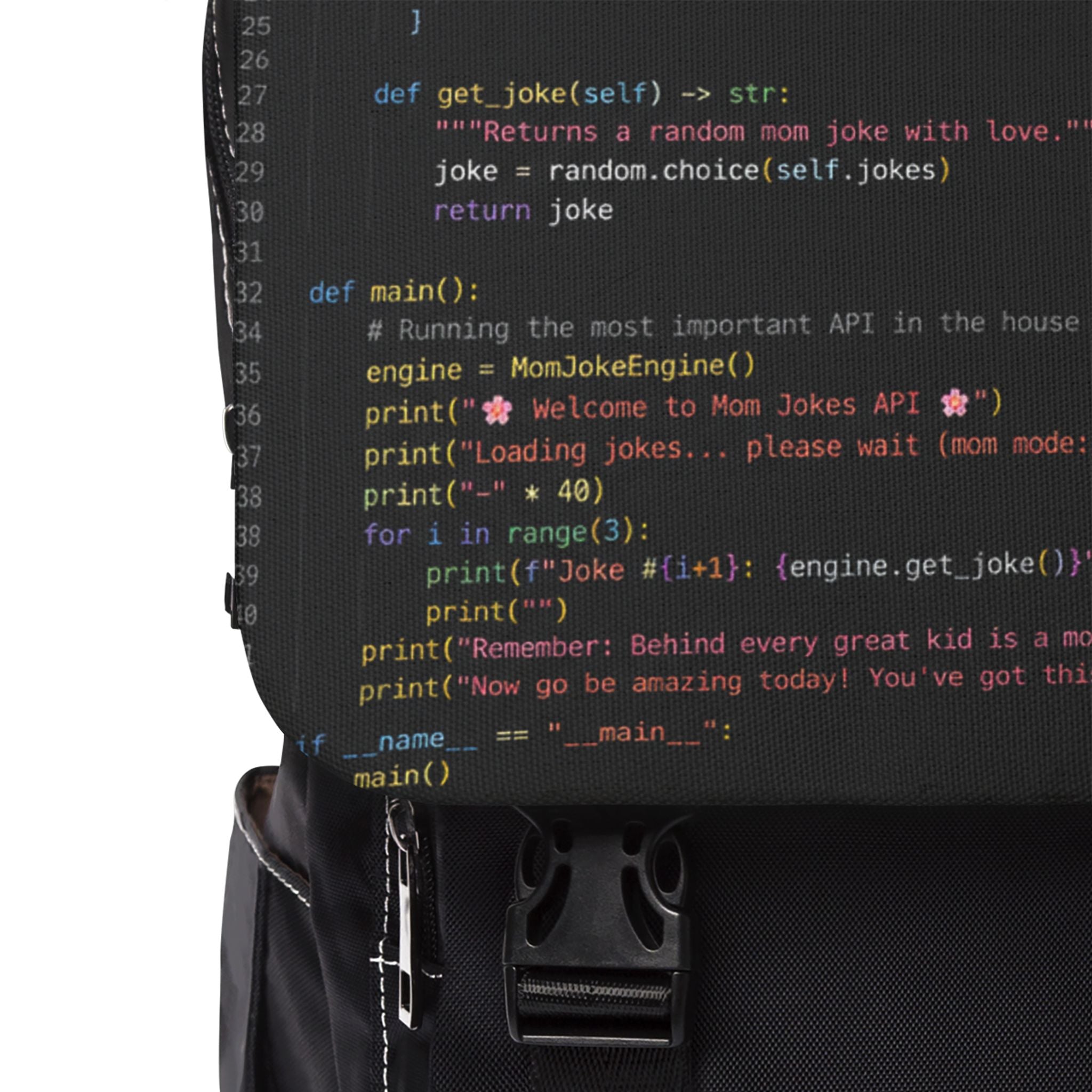 Coder Mom Shoulder Backpack — Black Casual Shoulder Bag with Code Print
